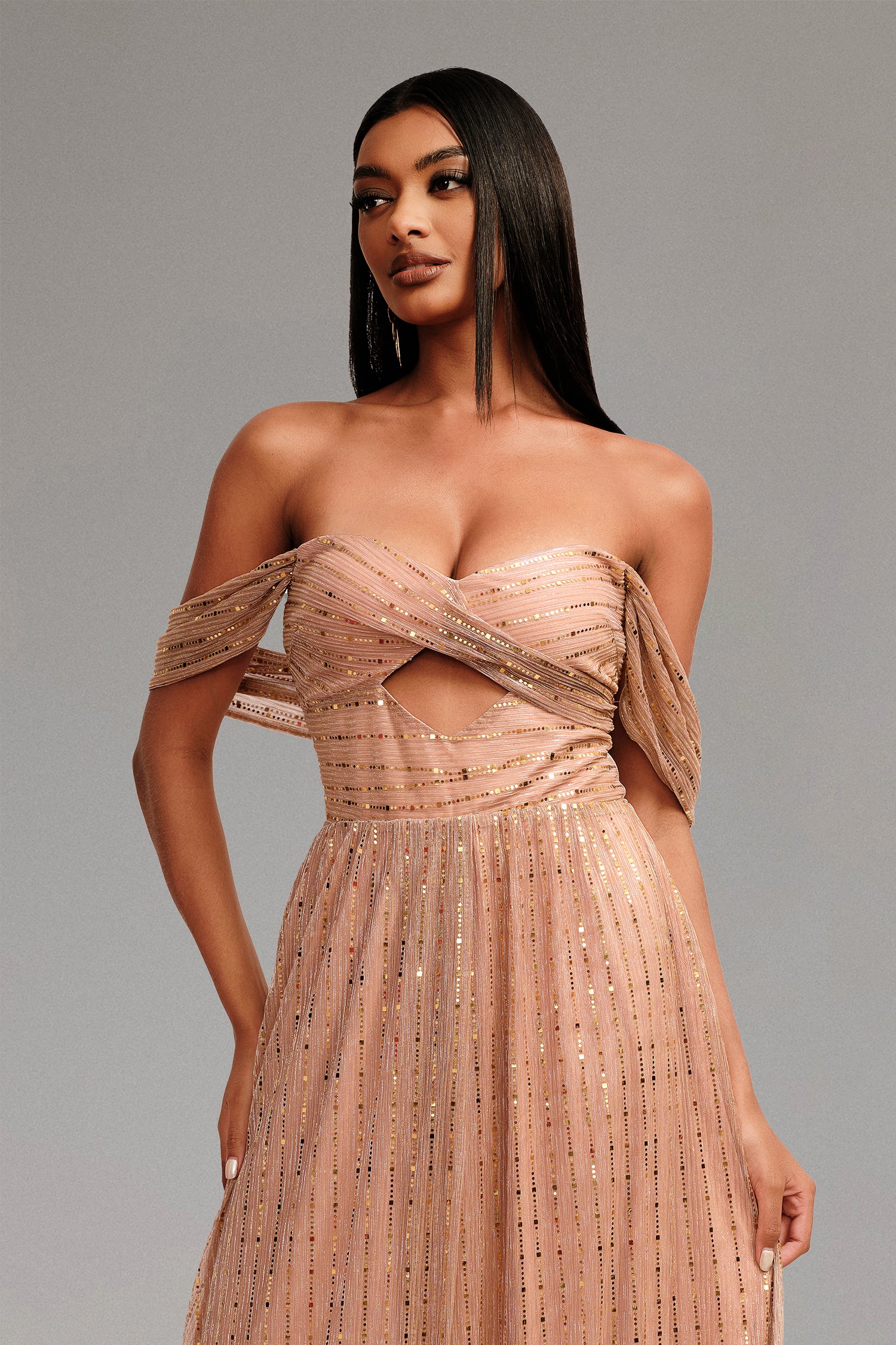 Kailani Women's Off Shoulder Glitter Maxi Dress - Elegant Long Evening Gown for Prom, Wedding, Party & Special Occasions