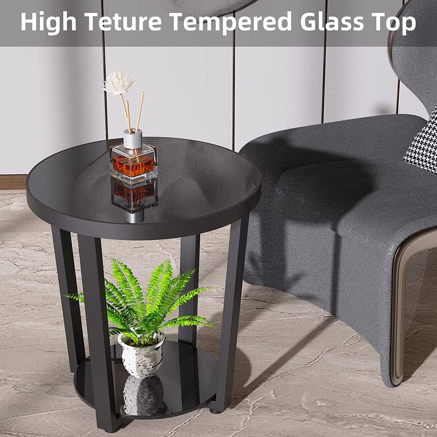 Round End Table with Tempered Glass Top & Metal Frame - Modern Small Coffee Table & Black Sofa Side Table for Living Room, Bedroom, Balcony & Office - Perfect for Drinks, Books & Decor