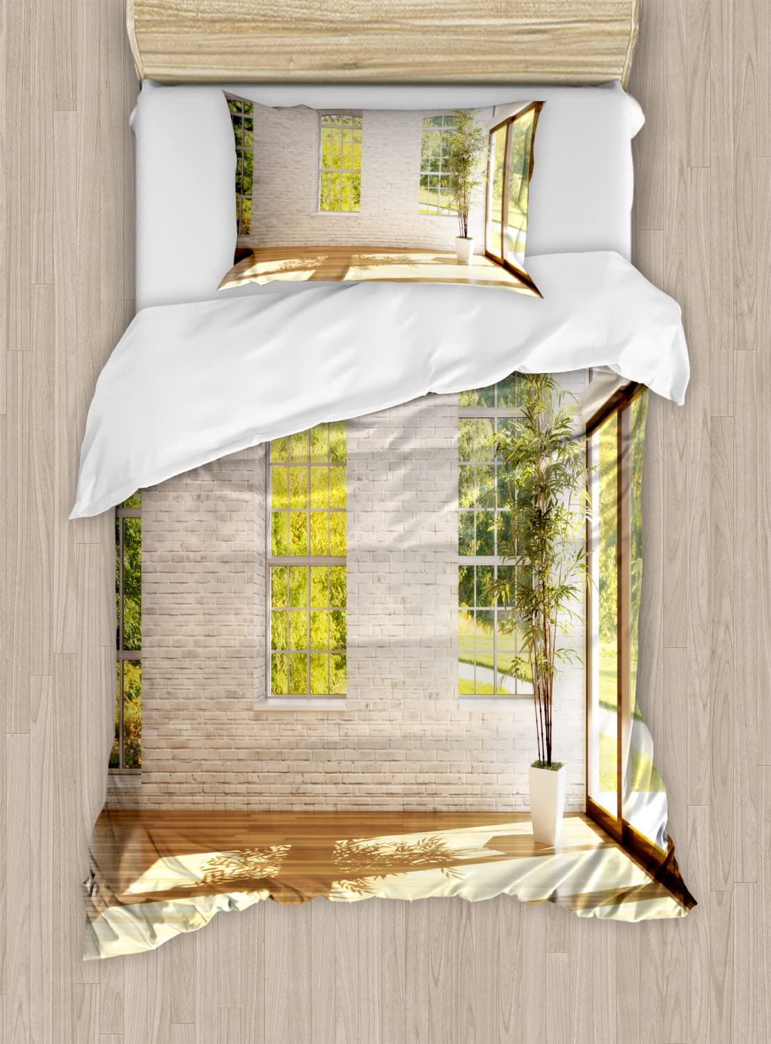 Ambesonne Italian Duvet Cover Set - Twin Size 2-Piece Set with Vibrant Spring Garden & Sunny Sky Art Print | Includes 2 Duvet Covers & 2 Pillowcases | Pale Caramel White Bedding | Perfect for Summer Decor, Guest Rooms & Cozy Bedroom Makeovers