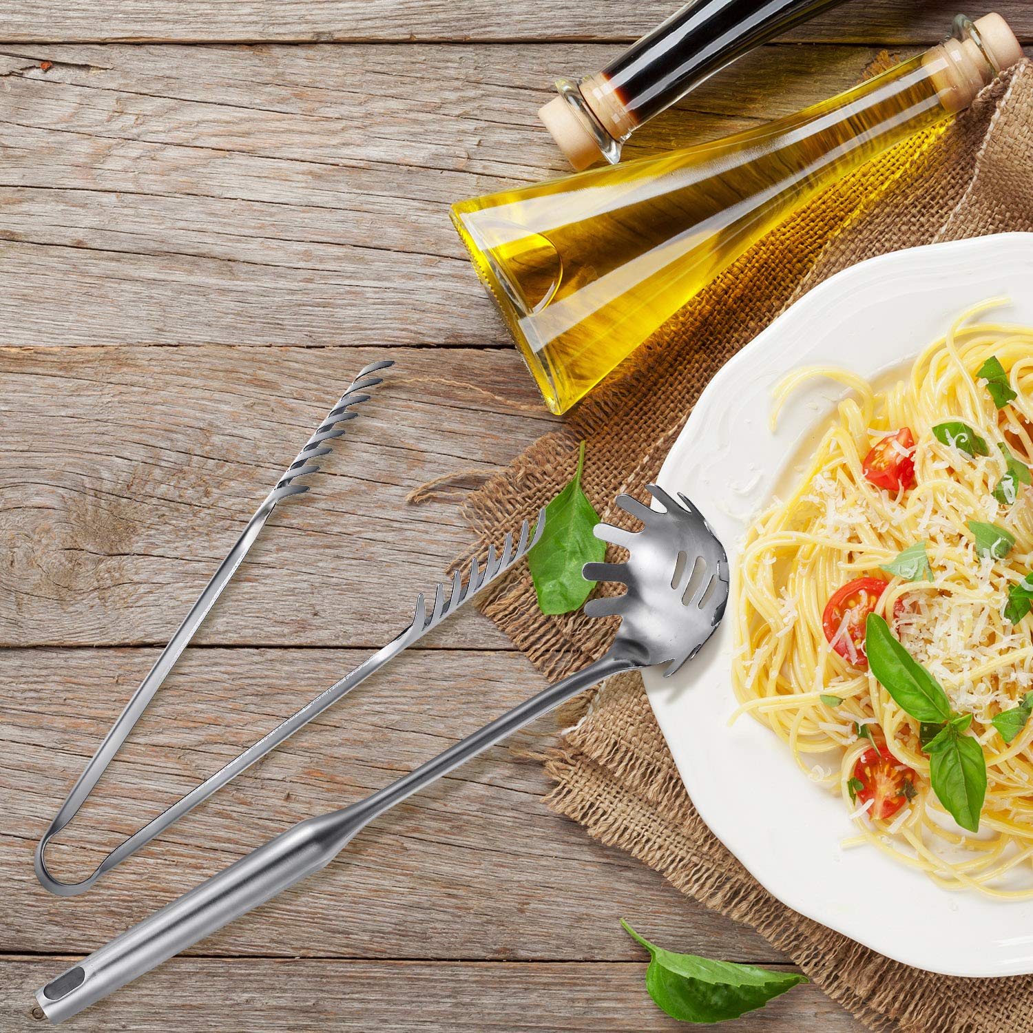 Patelai 2-Piece Stainless Steel Pasta Spoon Set - 9.4'' Slotted Spoon & 13.6'' Pasta Fork with Ergonomic Vacuum Handle - Premium Kitchen Utensils for Spaghetti, Lasagna & Pasta Dishes - Perfect for Cooking, Serving & Entertaining (Silver)