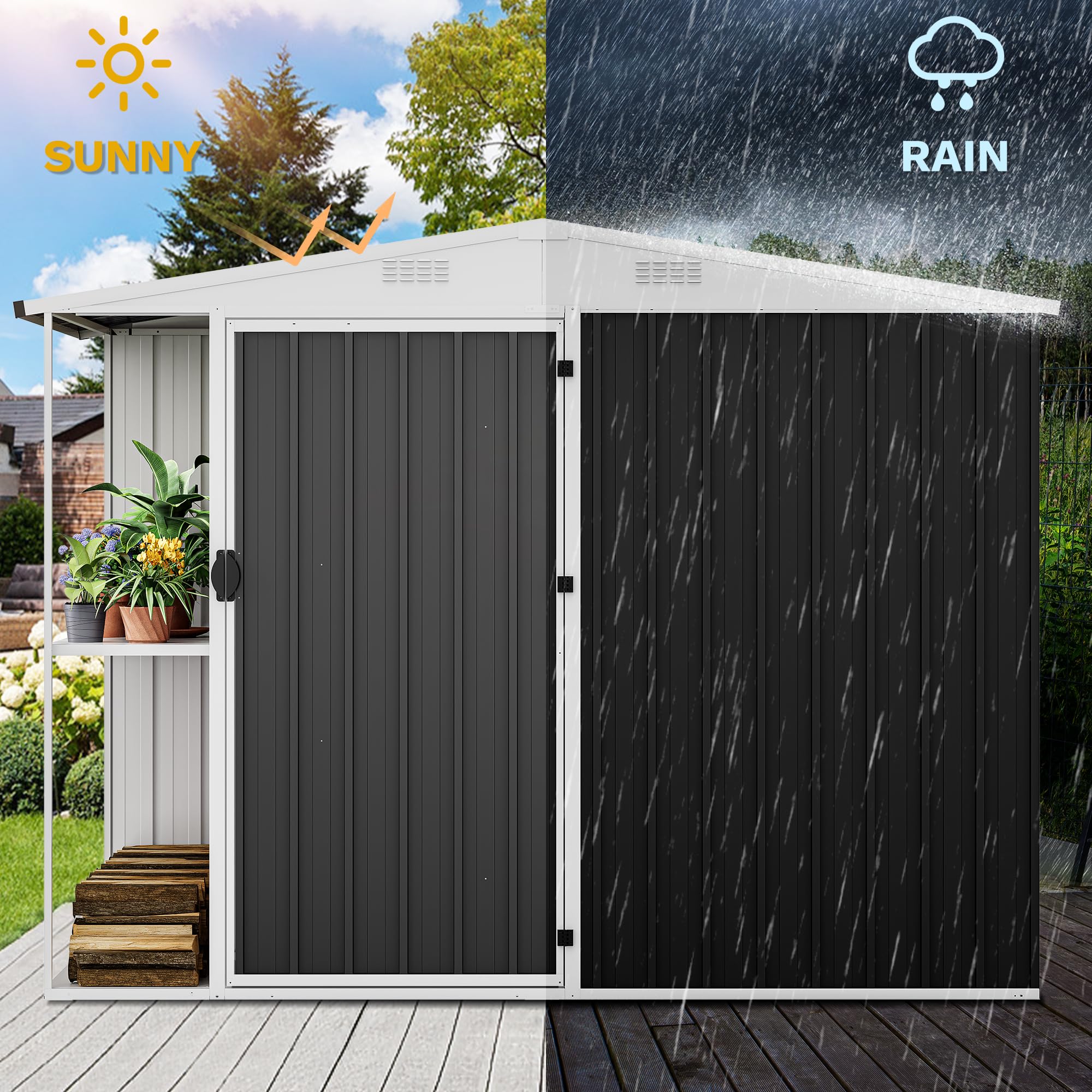 DWVO 8x4FT Outdoor Metal Storage Shed with Rack & Shelves - Heavy Duty Garden Shed for Bike, Tool & Lawn Equipment Storage - Perfect for Backyard, Patio & Garage Organization (Black)
