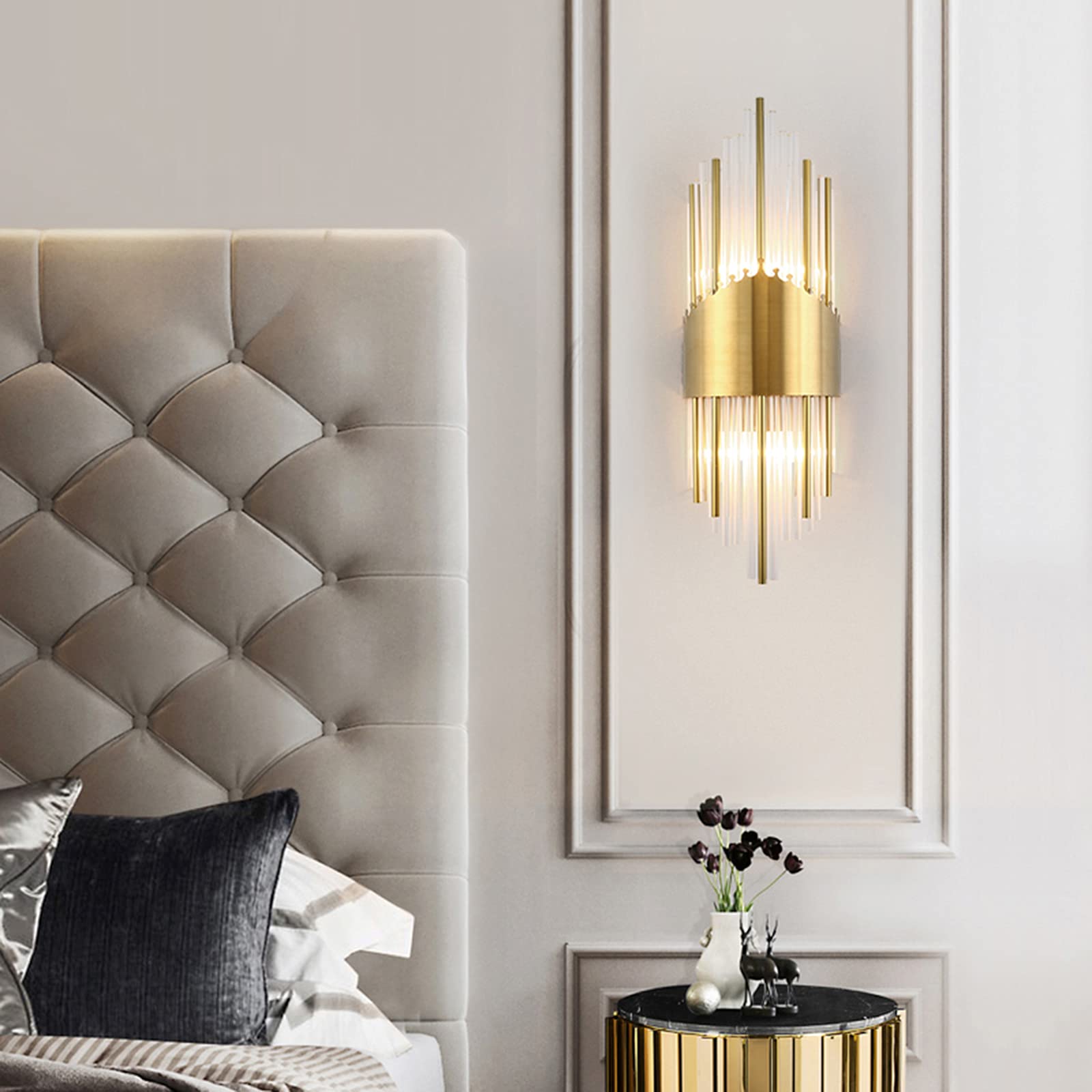 Crystal Wall Sconce Light Fixture - Gold Brass Base Modern Lamp for Bedroom, Living Room, Hallway Decor - Perfect for Ambient Lighting & Home Interior Design