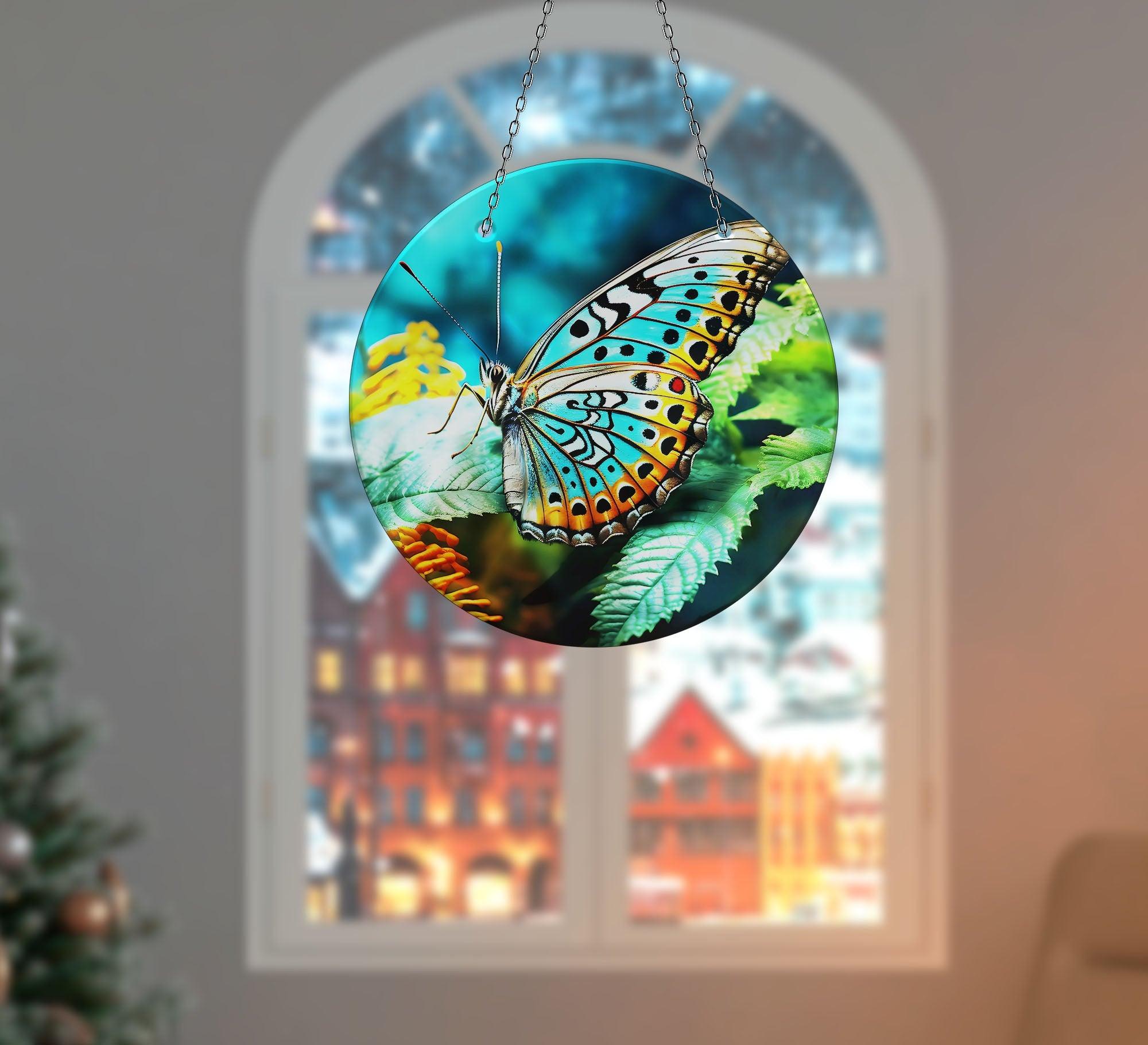 Blue Butterfly Suncatcher Window Decor - Handmade Stained Glass Sun Catcher for Home, Office, Nursery - Perfect for Windows, Gifts & Boho Room Decor