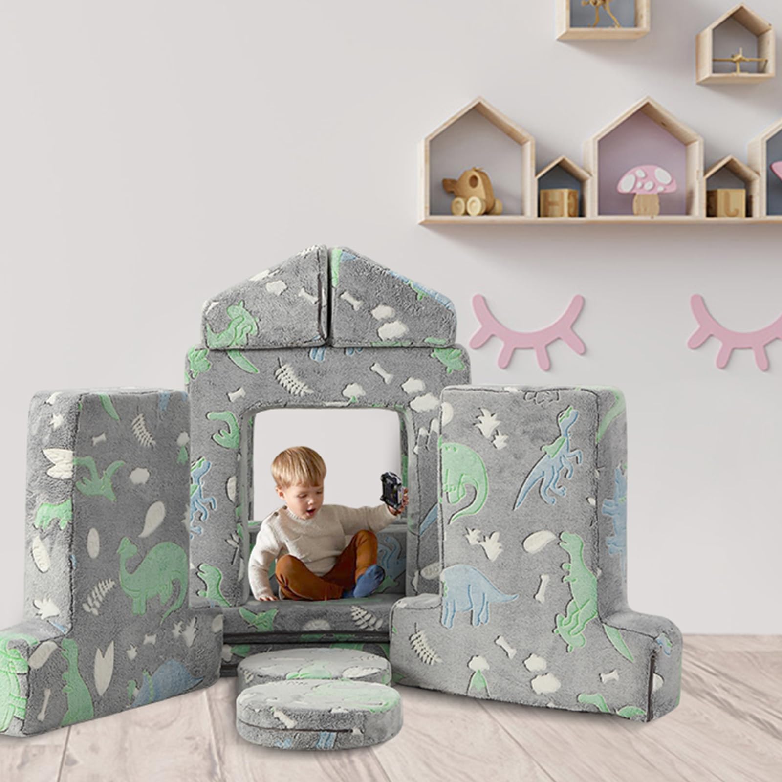 GARVEE 12-Piece Modular Kids Couch - Convertible Dinosaur Glow in The Dark Sofa for Playroom & Bedroom | Play, Sleep & Imaginative Fun for Boys & Girls | Perfect for Movie Nights, Sleepovers & Creative Playtime