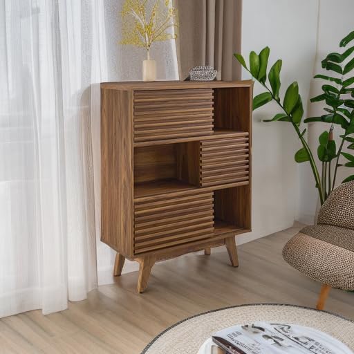 Modern Wooden Living Room Cabinet - Natural Walnut Brown Stand for Lounge, Club & Lobby - Stylish Storage Solution for Home & Office Decor