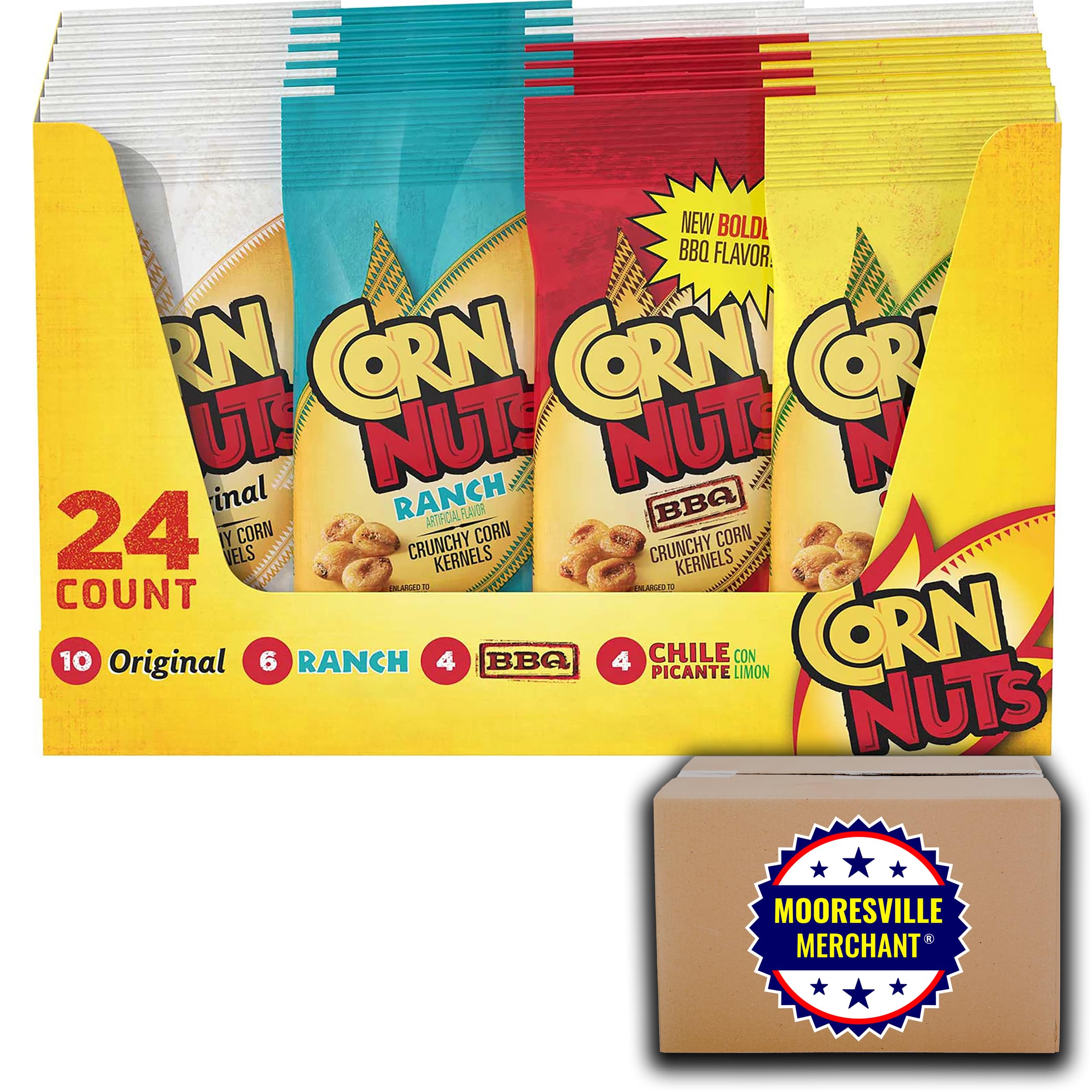 Crunchy Corn Snacks Variety Pack - Original, Ranch, BBQ & Chile Picante con Limon Flavors - 24 Count (1.7 oz Each) - Perfect for Parties, Snacking & On-the-Go | Includes Free Mooresville Merchant Decal