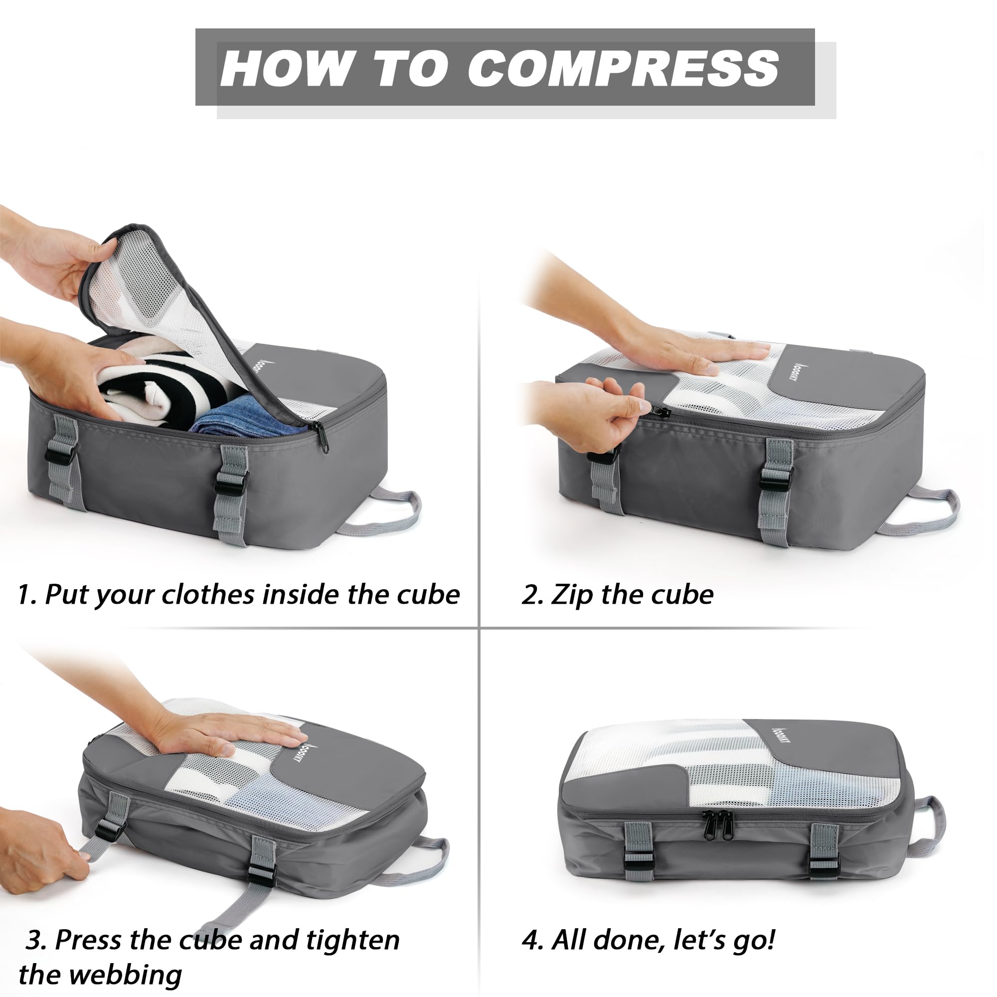 COOSKY 6-Piece Expandable Compression Packing Cubes Set - Transparent Travel Organizer for Suitcases, Luggage Storage Bags (Carry-On Size) - Perfect for Men & Women Travel Essentials | Ideal for Business Trips, Vacations & Weekend Getaways