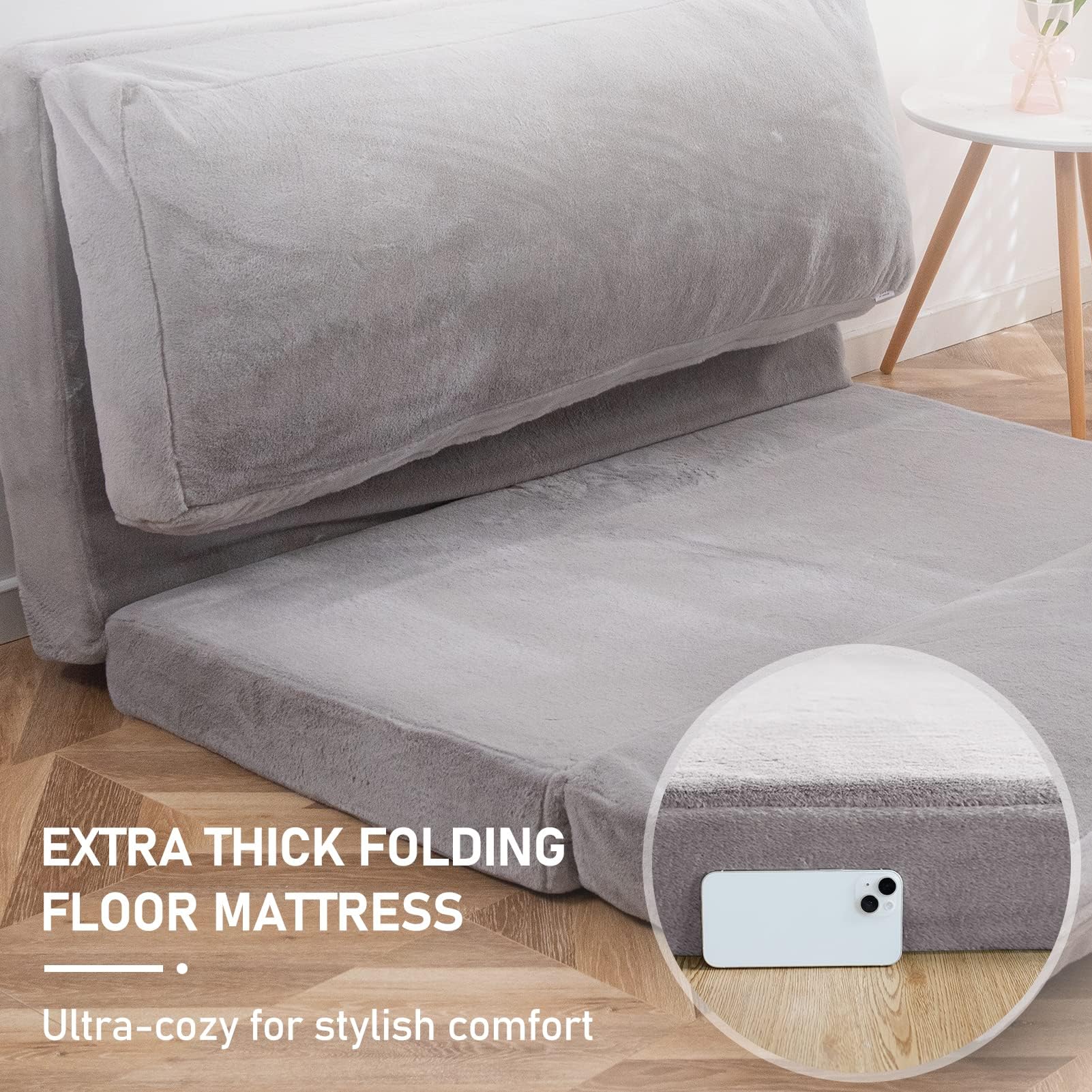 MAXYOYO Extra Thick Folding Bean Bag Bed - 54x95 Inch Floor Sofa for Adults with Washable Faux Fur Cover | Versatile Floor Couch for Bedroom, Living Room & Guest Room | Grey Comfortable Floor Chair for Relaxing, Lounging & Sleepovers