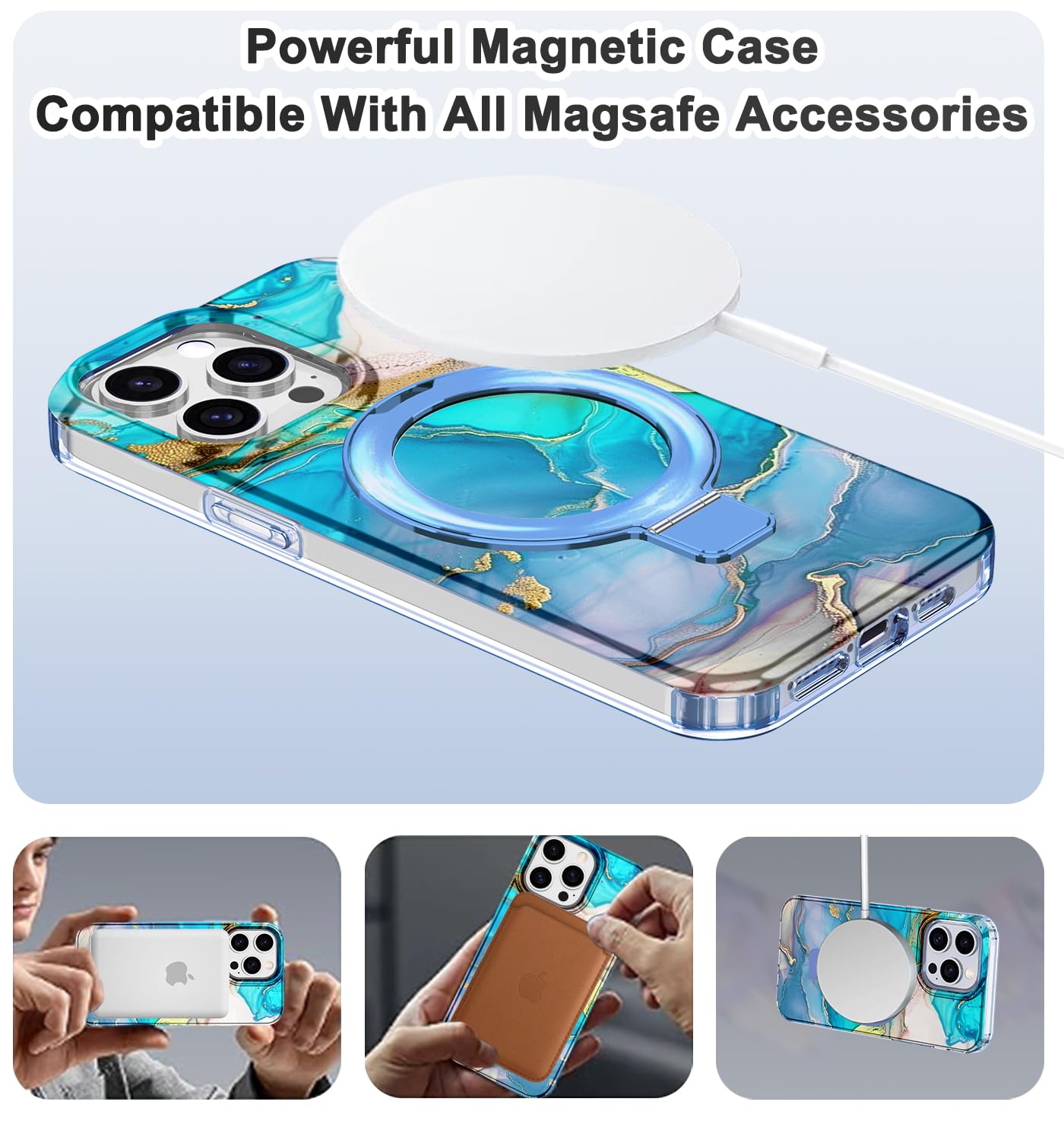 Magnetic iPhone 14 Pro Case with Invisible Ring Stand | Slim Rugged Marble Design | Shockproof Protective Cover for Women & Men | Light Blue | Perfect for Work, Travel & Everyday Use
