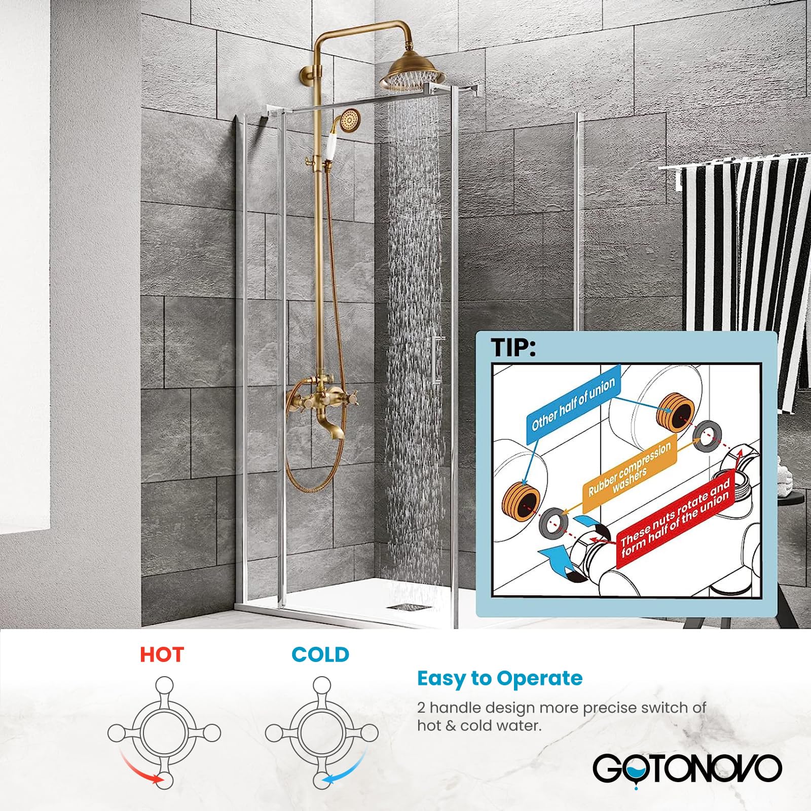 Gotonovo 8 Inch Rainfall Shower System - Antique Brass Exposed Shower Faucet with Tub Spout, Handheld Spray & Double Cross Handles for Bathroom & Outdoor Use - Perfect for Modern Homes, Spa Retreats and Poolside Showers