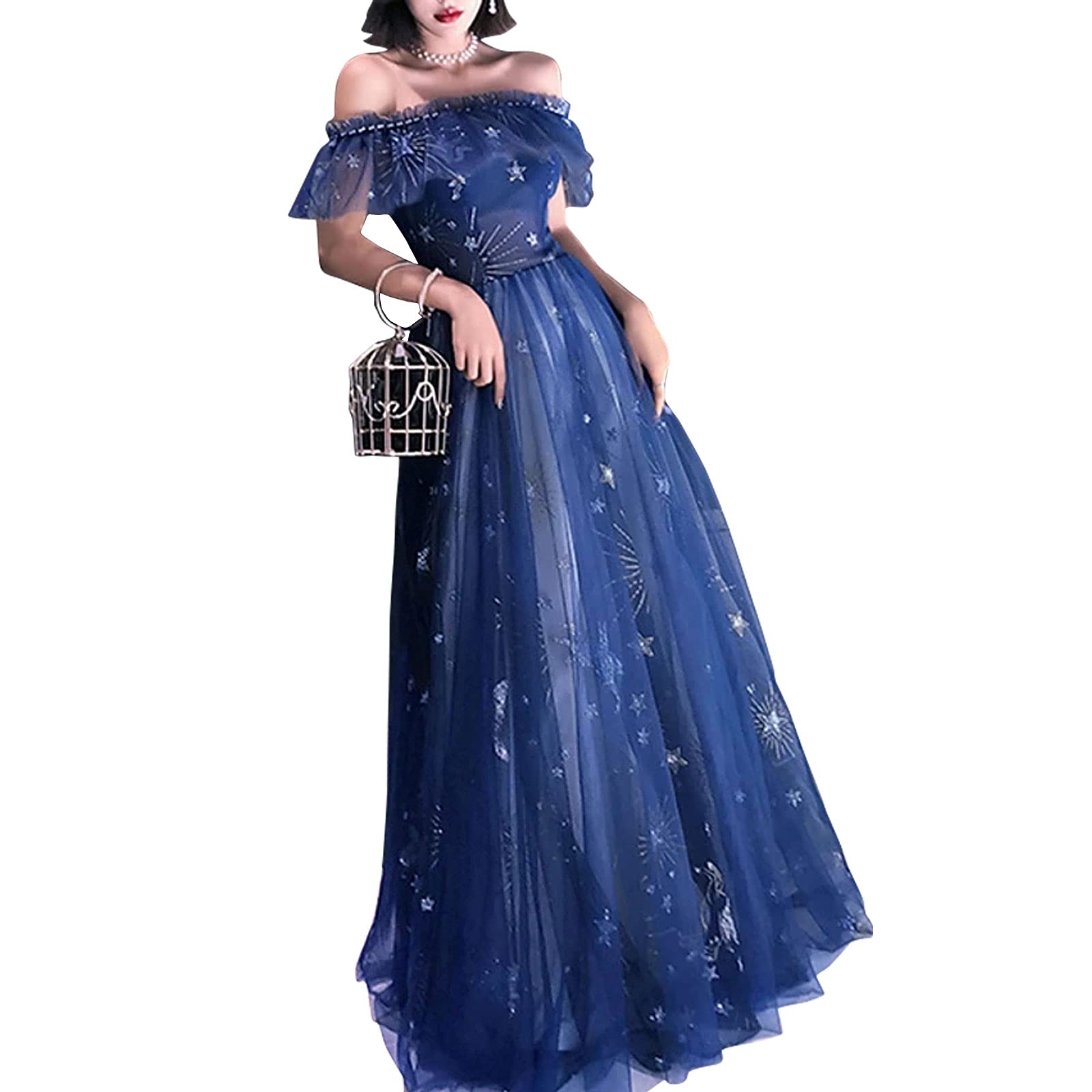 Sparkling A-Line Elegant Prom Formal Evening Dress - Off Shoulder Short Sleeve Floor Length Gown for Homecoming, Wedding, Ball & Special Occasions
