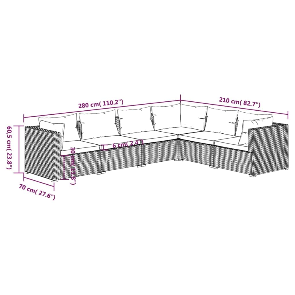 6-Piece vidaXL Patio Lounge Set - Outdoor Garden Furniture with Cushions, Black Poly Rattan Sectional Sofa for Backyard, Poolside & Patio Relaxation
