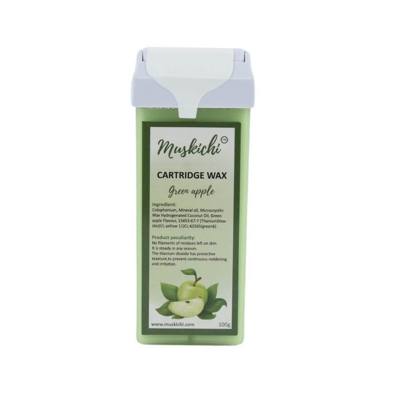 MUSKICHI Green Apple Roll-On Wax Cartridge – 100ml (Pack of 1) | Painless Hair Removal Wax for Men & Women | All Skin Types | Refillable Body Waxing Kit for Legs, Arms, Bikini & Face | Easy At-Home Waxing Solution