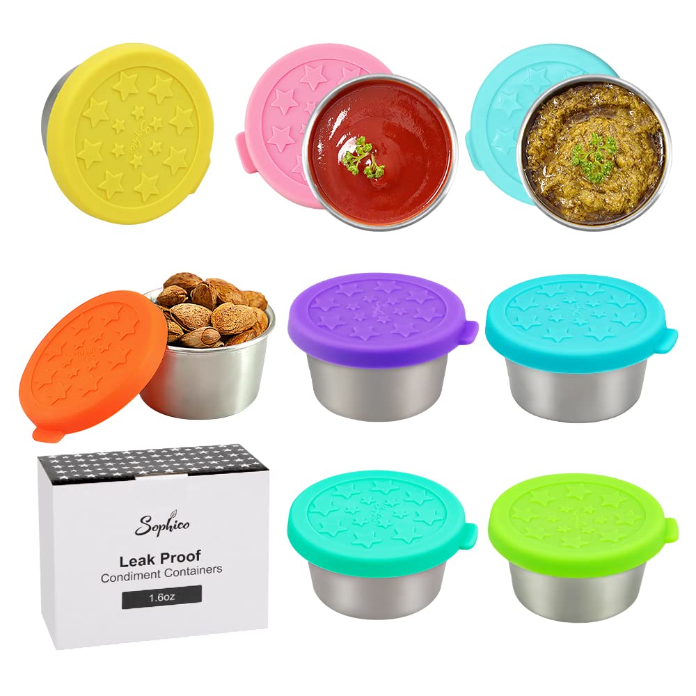 Sophico 1.5oz Stainless Steel Leakproof Salad Dressing Containers - 8 Pack Small Condiment Cups with Silicone Lids for Kids Sauce, Dipping & Food Storage | Perfect for Lunch Boxes, Picnics, BBQs & On-the-Go Meals