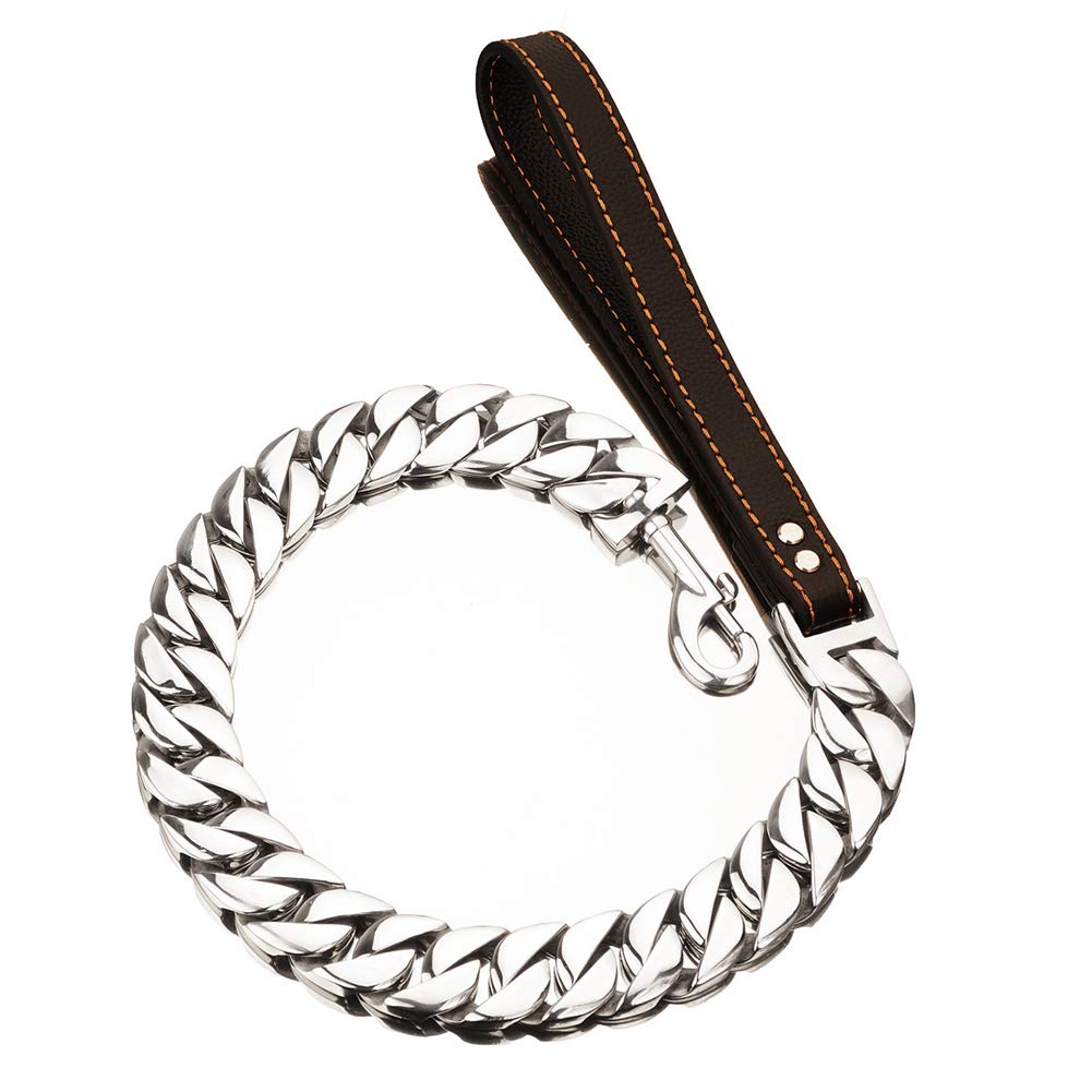 32MM Heavy Duty Dog Training Leash with Soft Padded Leather Handle & Gold Stainless Steel Chain - 90CM Strong Traction Lead Rope for Large Dogs - Perfect for Obedience Training, Walking, and Outdoor Adventures