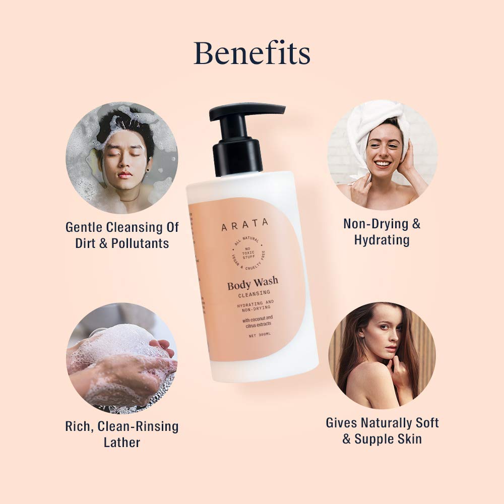 Ar.ata Natural Hydrating & Non-Drying Body Wash with Coconut & Citrus Extracts - Vegan, Cruelty-Free Gentle Cleanser for Women & Men (300ml) | Moisturizing Shower Gel for Dry Skin, Daily Use at Home & Gym