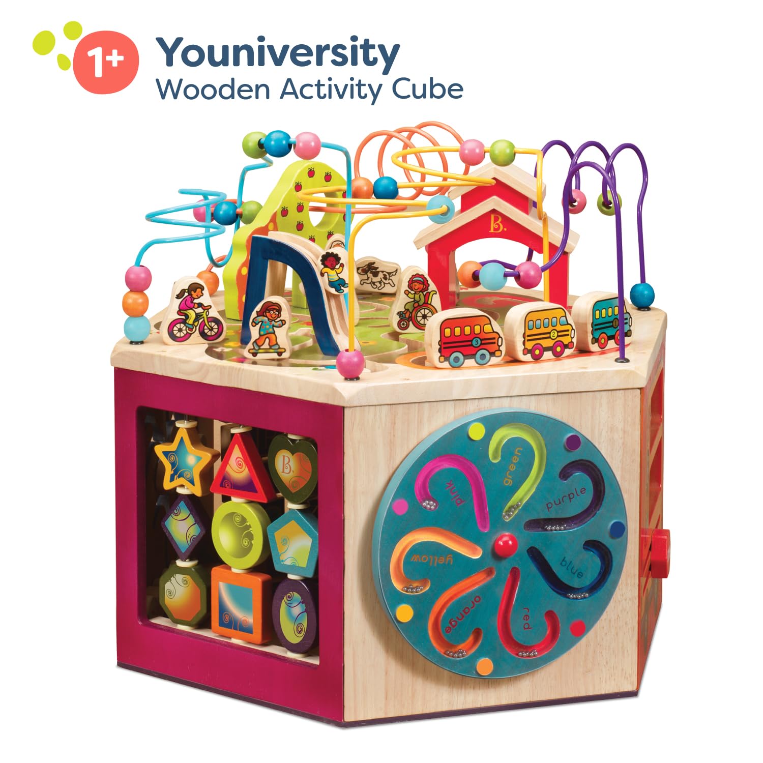 B. Toys Youniversity Wooden Activity Cube – Educational Learning Toy for Toddlers & Kids 12+ Months – Alphabet, Numbers, Shapes – Developmental STEM Toy for Early Childhood – Perfect for Playtime, Classroom & Homeschool Learning Activities