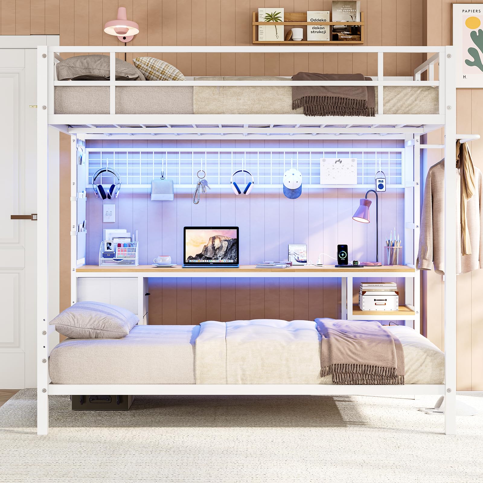**Full Over Twin Bunk Bed with Desk & LED Lights - Metal Loft Bed Frame with Charging Station, Storage Shelves, Drawers - Safe for Teens & Adults - No Box Spring Needed - White - Perfect for Small Rooms, Dorms & Apartments**