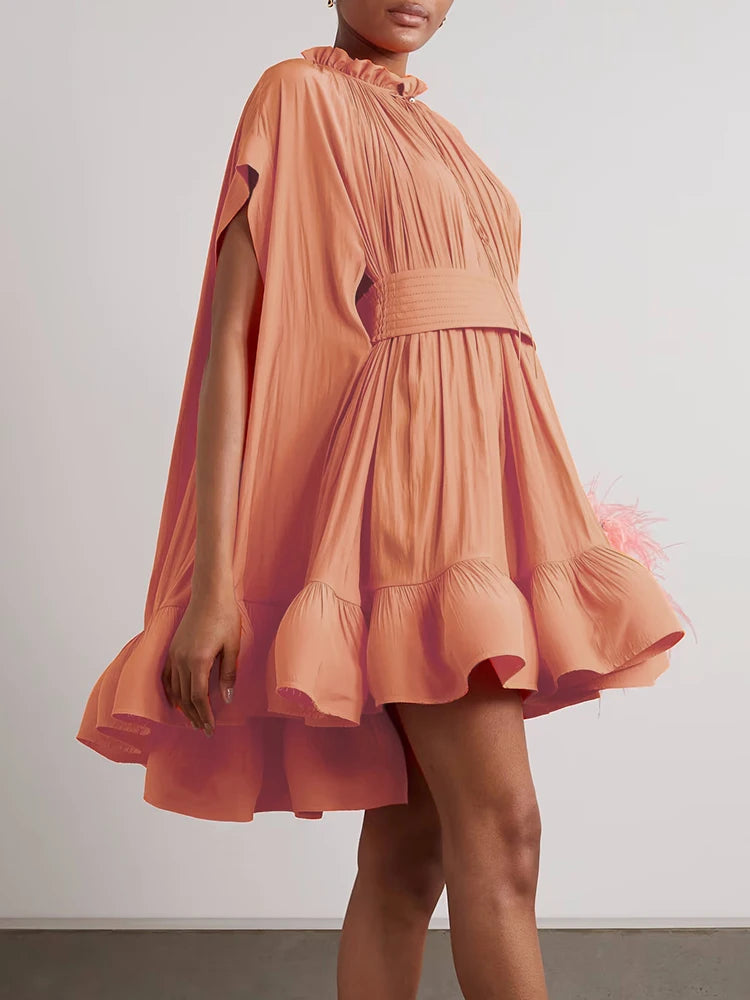 Women's Asymmetrical High Waist Pleated A-Line Mini Dress - Round Neck Short Sleeve Summer Casual Dress for Date Night, Party & Vacation
