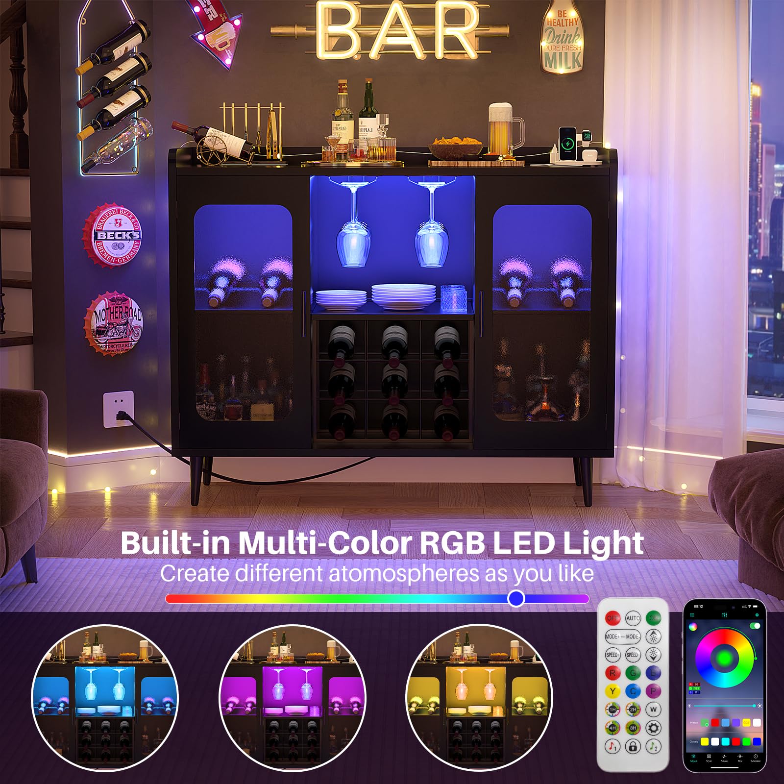 Black Wine Bar Cabinet with Power Outlet & LED Lights - Modern Liquor Storage with Glass Holder & Storage Shelves - Perfect for Home Bar, Coffee Station, Kitchen Buffet or Dining Room Sideboard