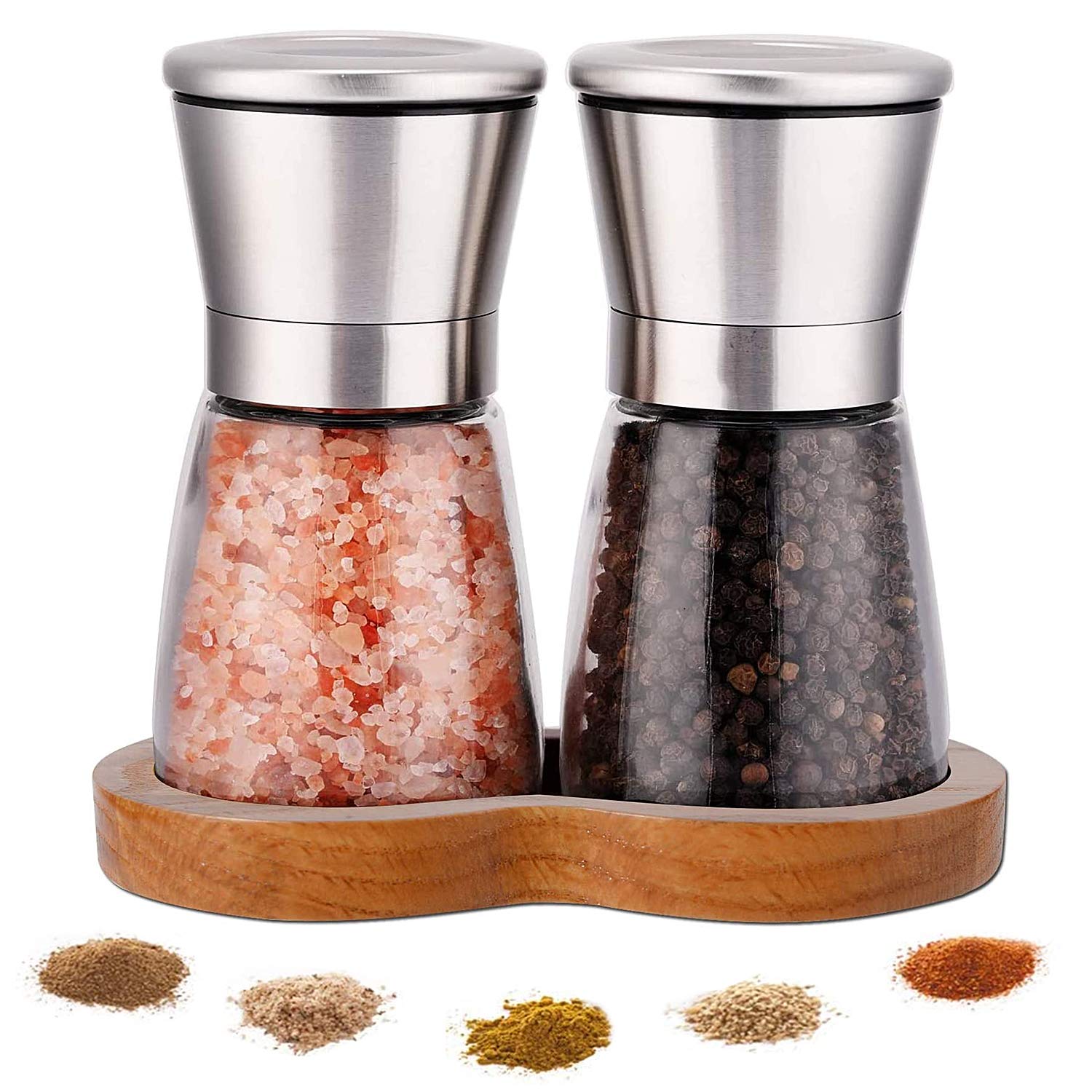 Premium Salt and Pepper Grinder Set - Adjustable Coarseness, Refillable Stainless Steel & Glass Mills with Wooden Tray - Perfect for Kitchen, Dining Table, and Gourmet Cooking - Ideal for Peppercorns, Sea Salt, and Spices