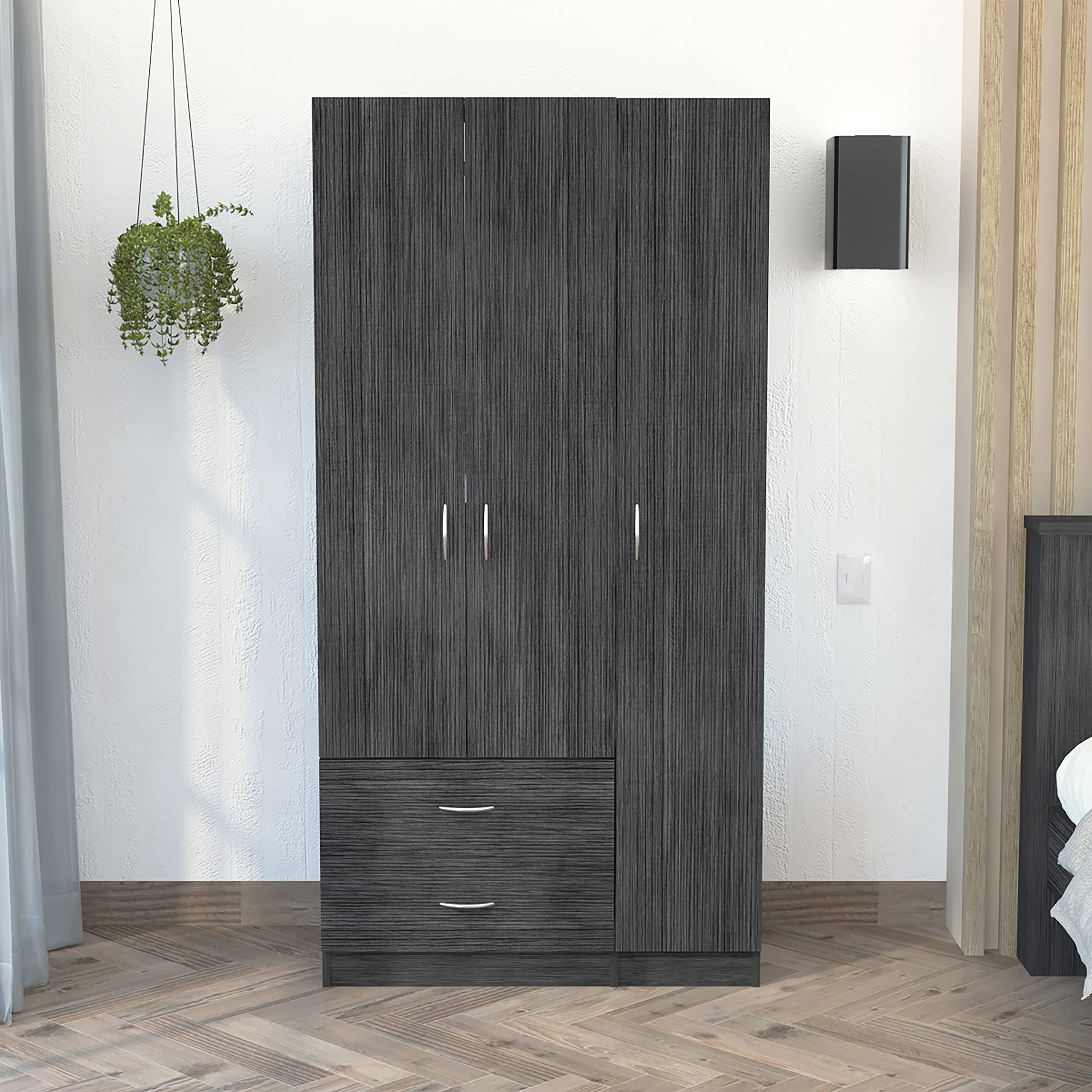 TUHOME FURNITURE Austral 3-Door Armoire with Metal Rod & 2 Drawers - Smoky Oak/White Bedroom Storage Cabinet for Clothes, Shoes & Accessories | Perfect for Master Bedroom, Guest Room & Dorm Organization
