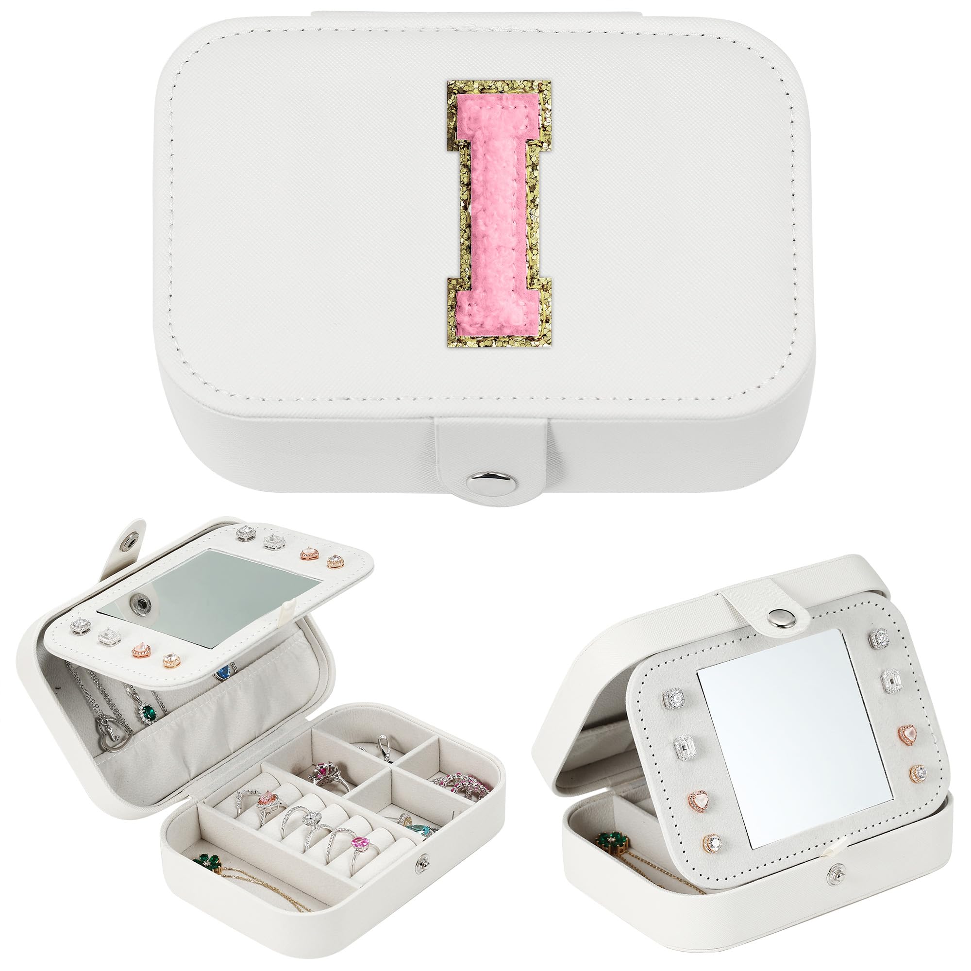 Parima Travel Jewelry Organizer for Women - Compact Jewelry Case for Necklaces, Rings & Earrings | Perfect Travel Accessory & Gift Idea | Portable Jewelry Storage Solution for Vacations, Business Trips & Weekend Getaways - Letter I, White