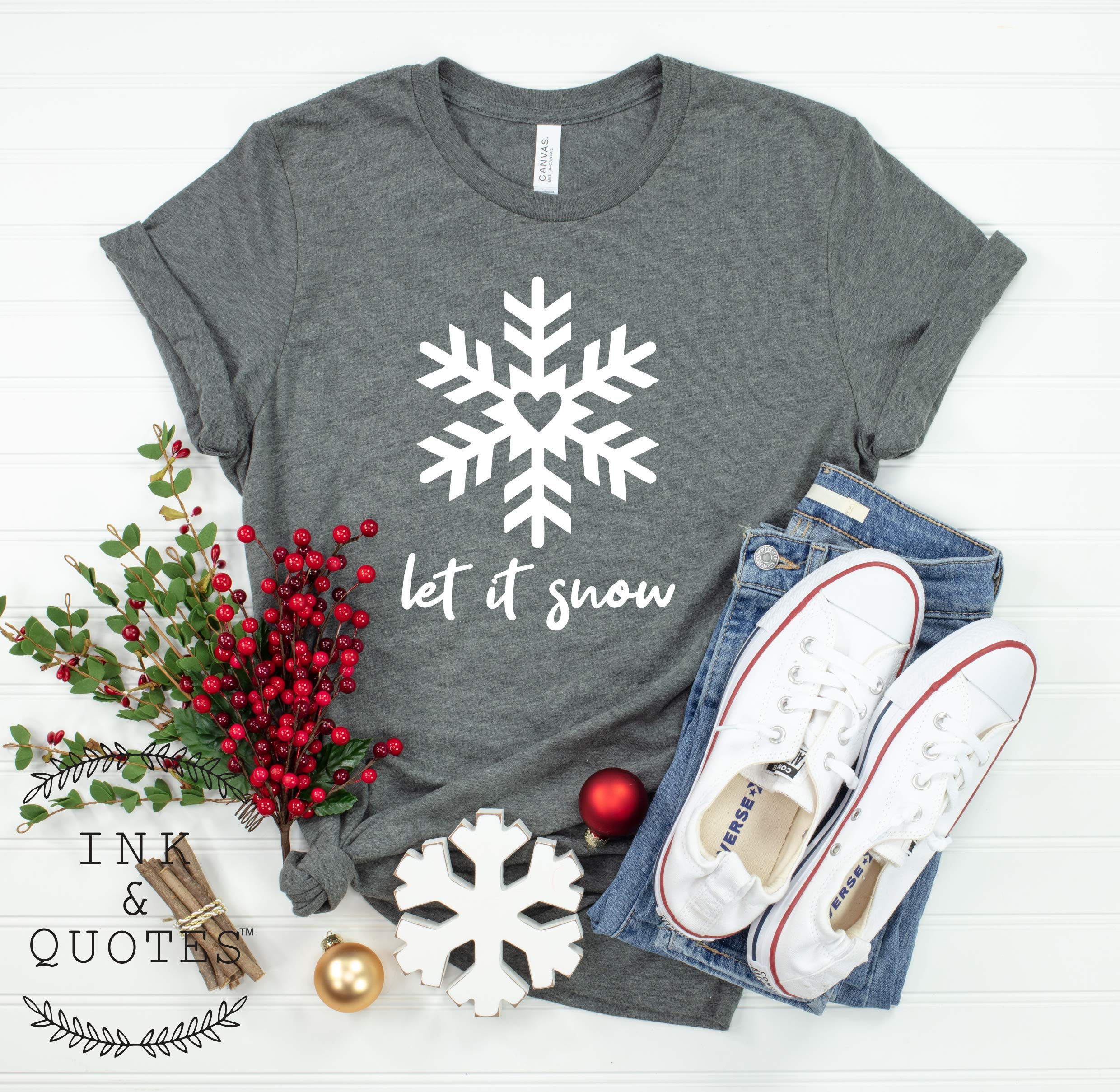Let It Snow Christmas T-Shirt for Women - Festive Snowflake Design Holiday Shirt - Cute Xmas Gift with Inspirational Quotes & Ink Art - Perfect for Holiday Parties, Family Gatherings & Winter Festivities