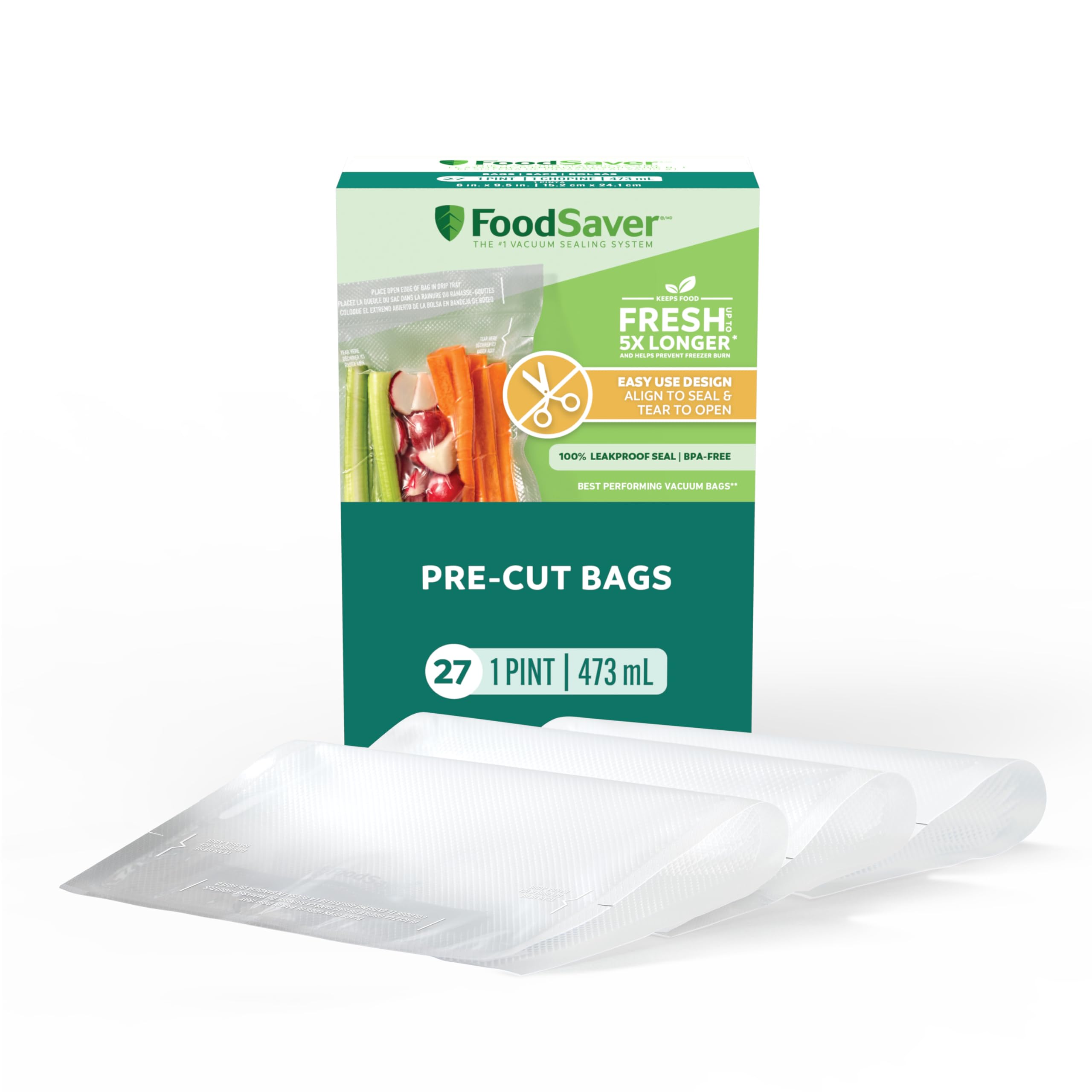 FoodSaver Pint Pre-Cut Vacuum Seal Bags - 27 Pack | Easy to Use & Tear Open Vacuum Storage Bags for Food Preservation | Perfect for Sous Vide, Freezing, and Long-Term Food Storage