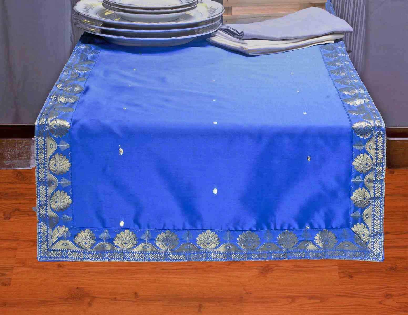 Elegant Blue Handmade Indian Table Runner for Weddings & Parties - Silk Sari Fabric with Golden Borders (18x108 Inches) | Perfect for Wedding Receptions, Dinner Parties & Home Decor