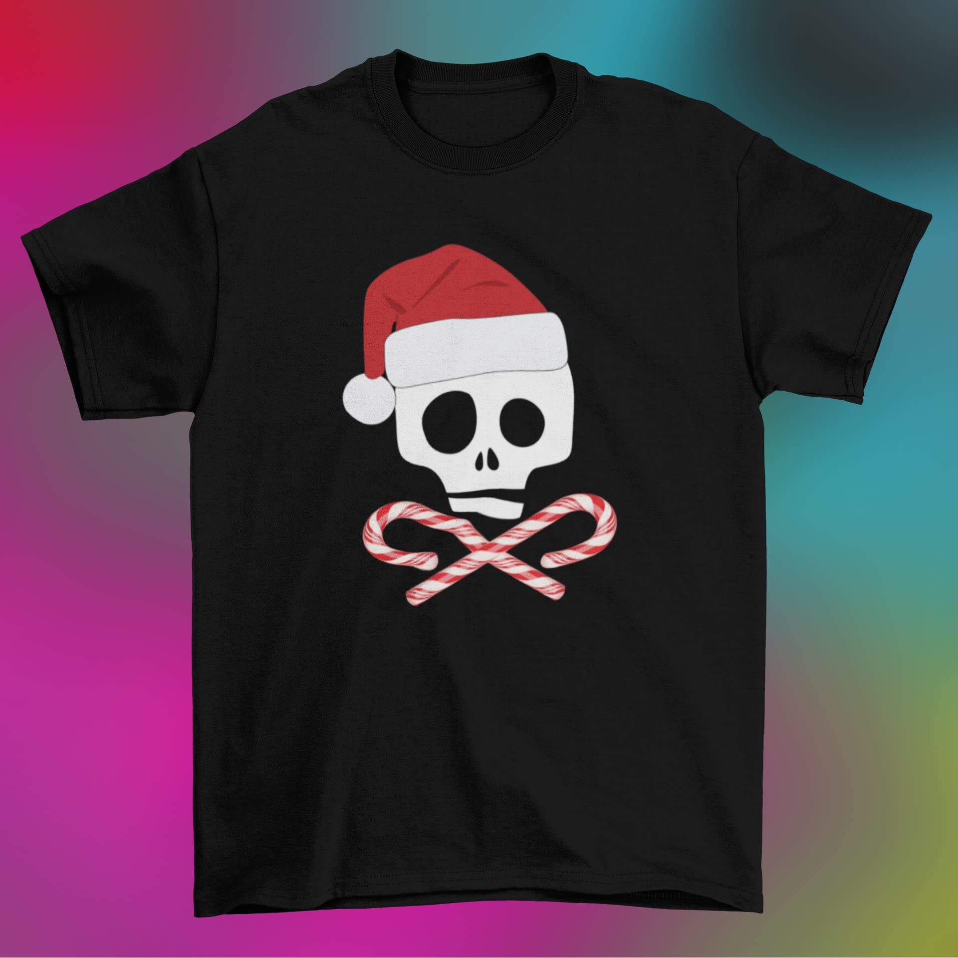 Skull and Cross Candy Canes Santa Adult T-Shirt - Gothic Christmas Novelty Tee for Men & Women | Perfect for Holiday Parties, Gift Exchanges & Festive Outfits