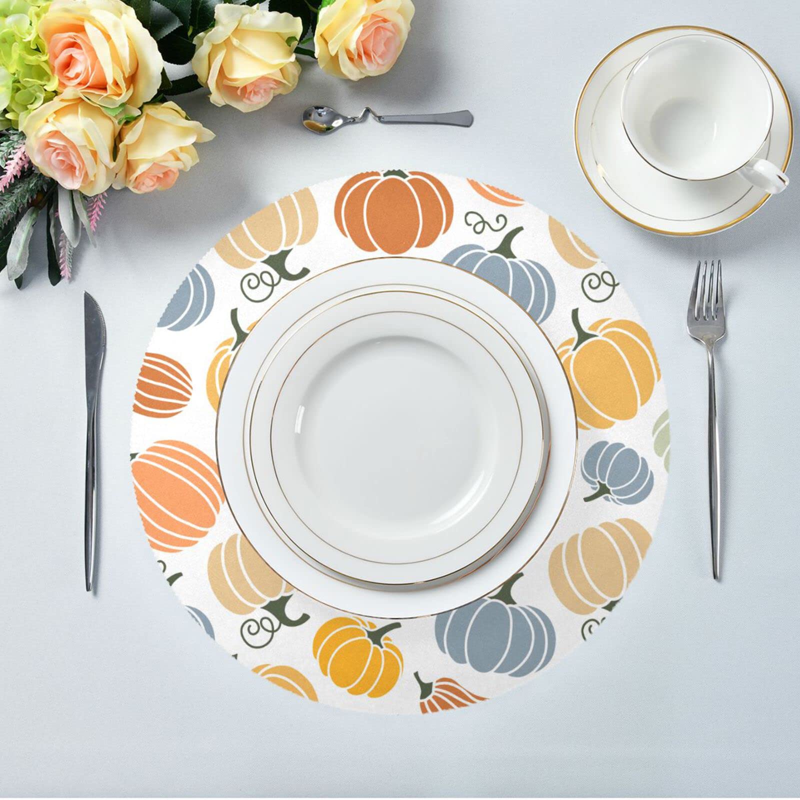 Thanksgiving Round Placemats Set of 6 - Autumn Pumpkin Table Mats for Kitchen Dining, Washable & Durable Holiday Decor - Perfect for Thanksgiving Dinner, Fall Gatherings & Seasonal Home Decor