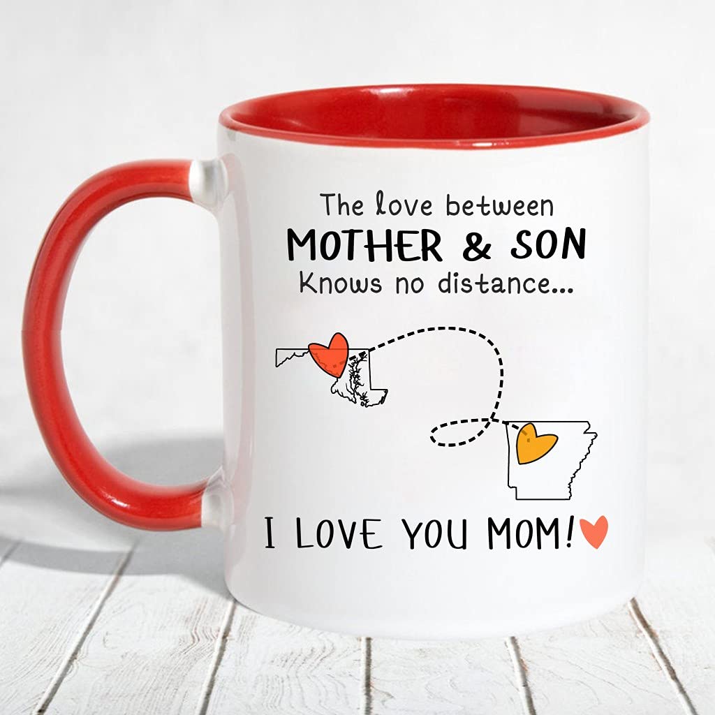 I Love You Mom - Long Distance Gift Accent Mug 11oz (Red) - Perfect for Maryland MD & Arkansas AR - Heartwarming Present for Mother's Day, Birthday & Special Occasions