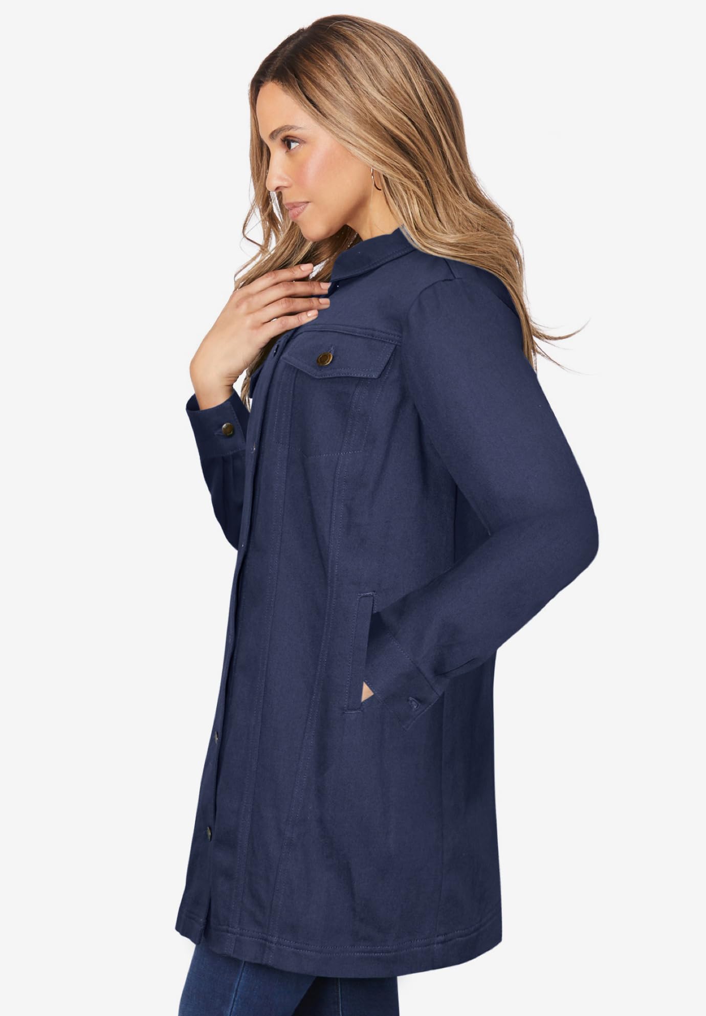 Jessica London Women's Plus Size Long Denim Jacket - Oversized Distressed Jean Coat for Casual Outfits & Layering in Fall/Winter