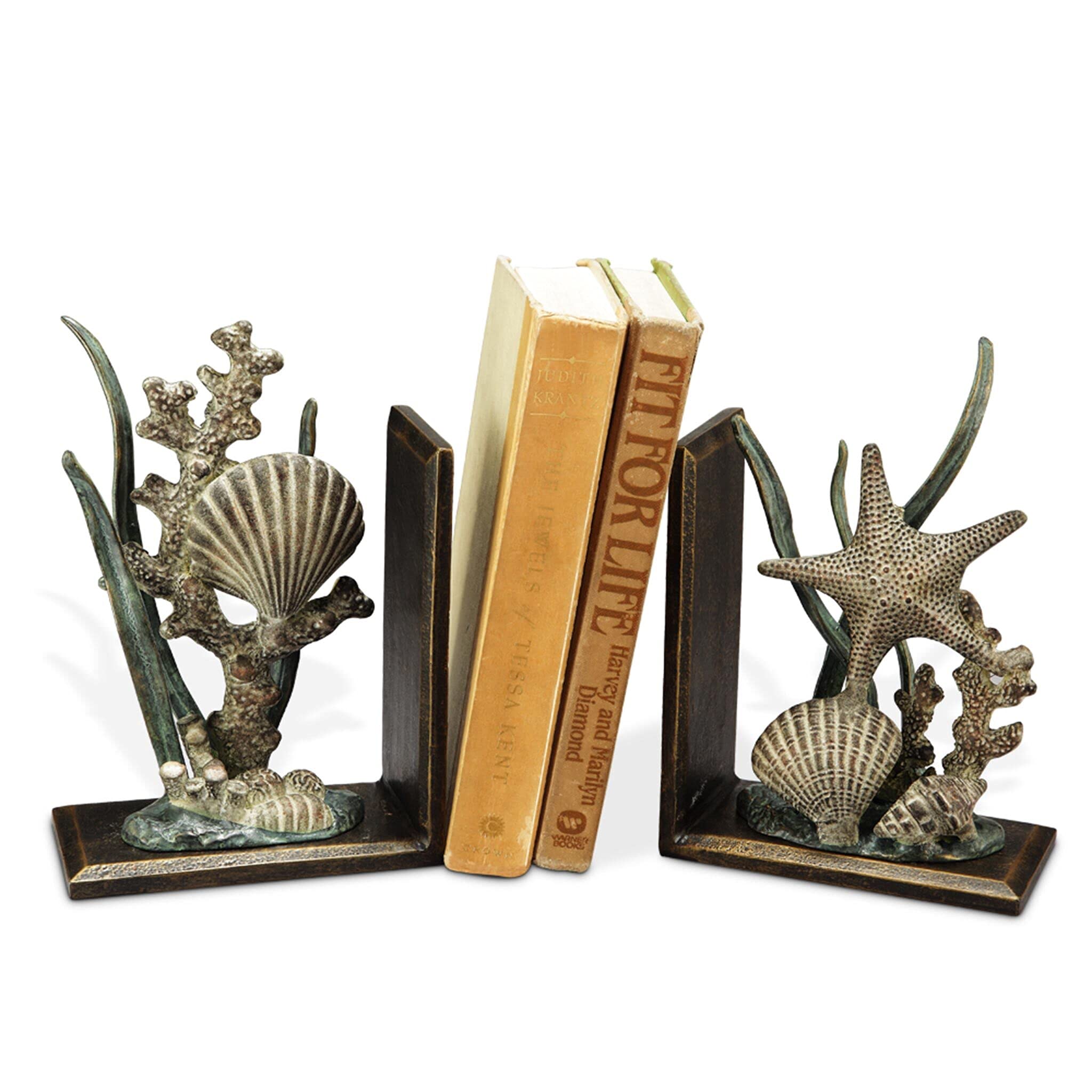 Vintage Cast Aluminum and Iron Shell Bookends Set of 2 - Heavy Duty Decorative Book Holders for Shelves, Desks, and Home Office Decor