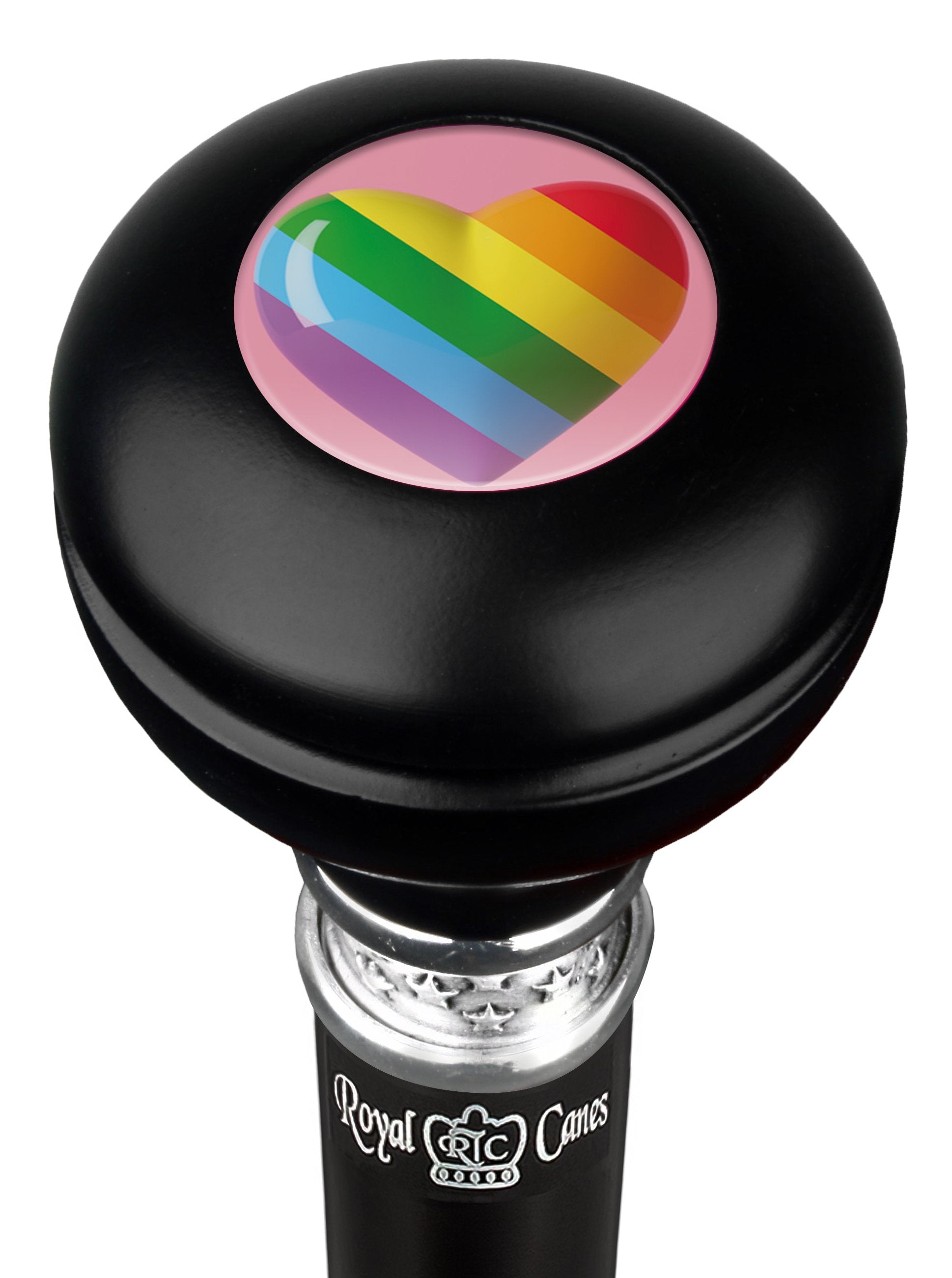 Rainbow Pride Heart Round Knob Walking Cane - Black Beechwood Shaft with Pewter Collar - Fashionable Mobility Aid for LGBTQ+ Support & Everyday Use