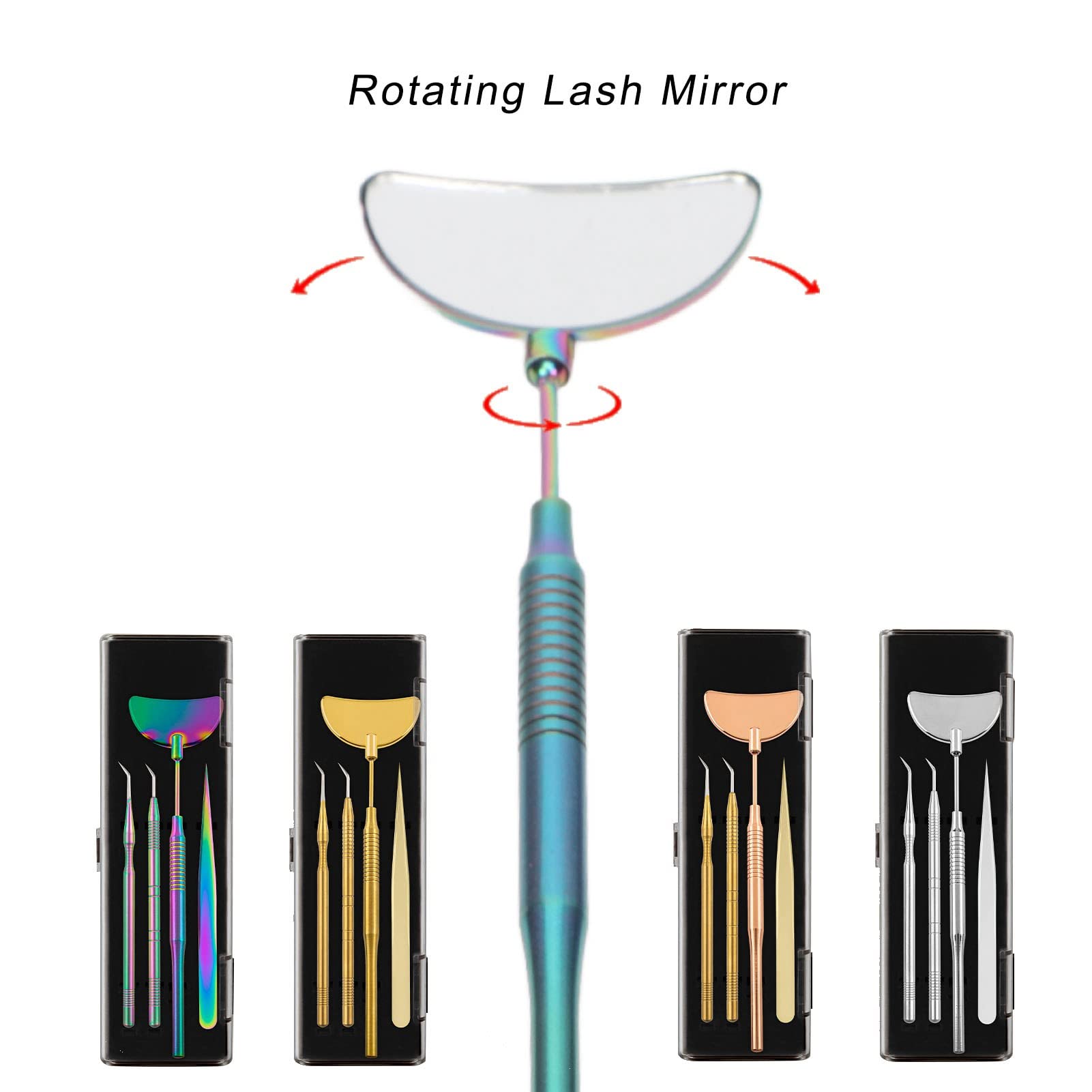 **4PCS Rose Gold Eyelash Extension Mirror & Tweezers Set - Stainless Steel Non-Slip Beauty Salon Tools for Professional Lash Artists & DIY Home Use**