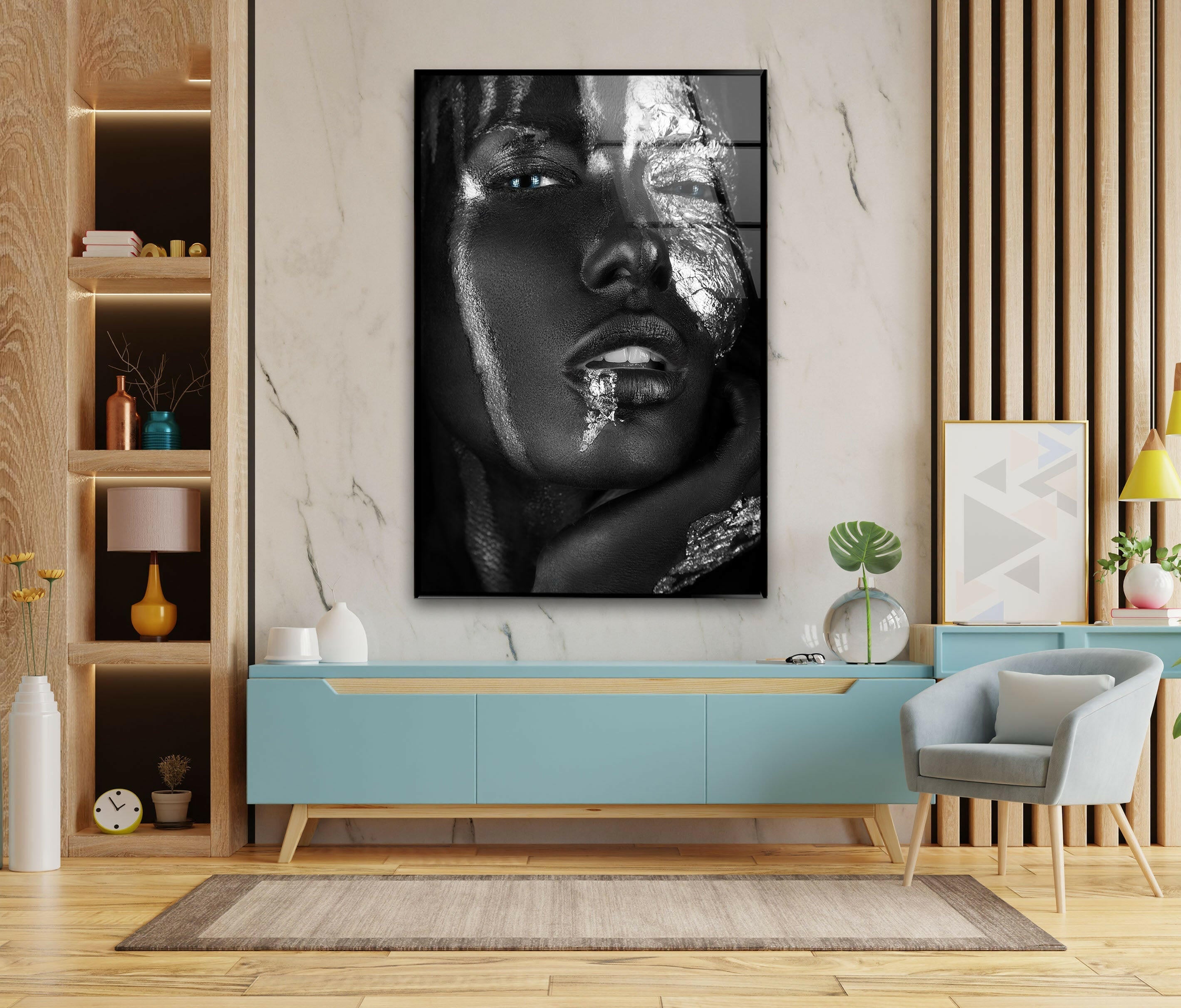 Elegant Black & Silver Woman Portrait Glass Wall Art - Modern Home Decor for Living Room, Bedroom & Office