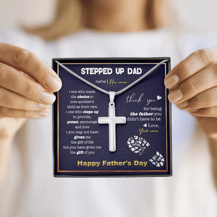 Custom Engraved Cross Necklace for Stepdad - Thoughtful Gift for Father's Day, Birthday & Bonus Dad Appreciation - Personalized Message Card Included - Perfect Gift from Son, Daughter, Stepson or Stepdaughter - Ideal for Special Occasions & Daily Wear