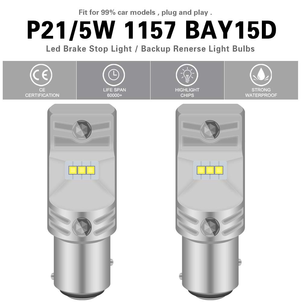 1157 BAY15D 2057 7528 LED Bulbs - 1700LM 6500K Xenon White - CSP LED Chipsets for Backup, Reverse, Tail, Brake & Parking Lights - 12V-24V Compatible (Pack of 2) - Perfect for Trucks, SUVs, Cars & Motorcycles