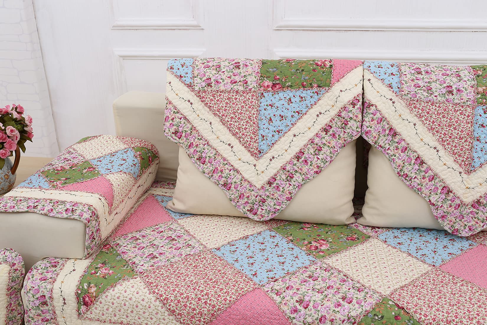 Floral Patchwork Cotton Sofa Cover - Anti-Slip Embroidered L-Shaped Sectional Couch Cover, Super Soft Quilted Thick Sofa Slipcover for Pets & Kids (Pink, 28x28 inches) - Perfect for Living Room, Family Room & Pet-Friendly Homes