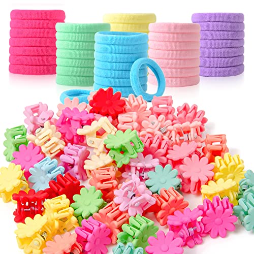 100 PCS Baby Girls Mini Claw Clips & Hair Bands Set - 50pcs Floral Hair Clips + 50pcs Small Hair Ties for Thin Hair - Multi-Color Ponytail Holders for Kids, Girls & Women - Perfect for School, Parties & Daily Hairstyles