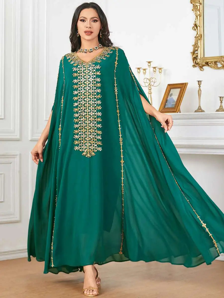 Elegant Eid Caftan Dress for Muslim Women - Flowy Chiffon Embroidery Maxi Dress - Perfect for Eid Celebrations, Weddings & Special Occasions