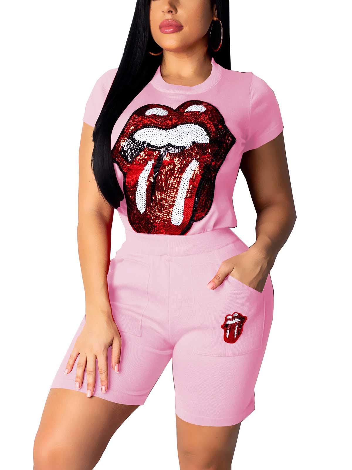 AKMIPOEM Women's 2-Piece Summer Outfit - Short Sleeve Lip Print T-Shirt & Biker Shorts Tracksuit Set | Casual Streetwear, Gym Workout & Vacation Outfits
