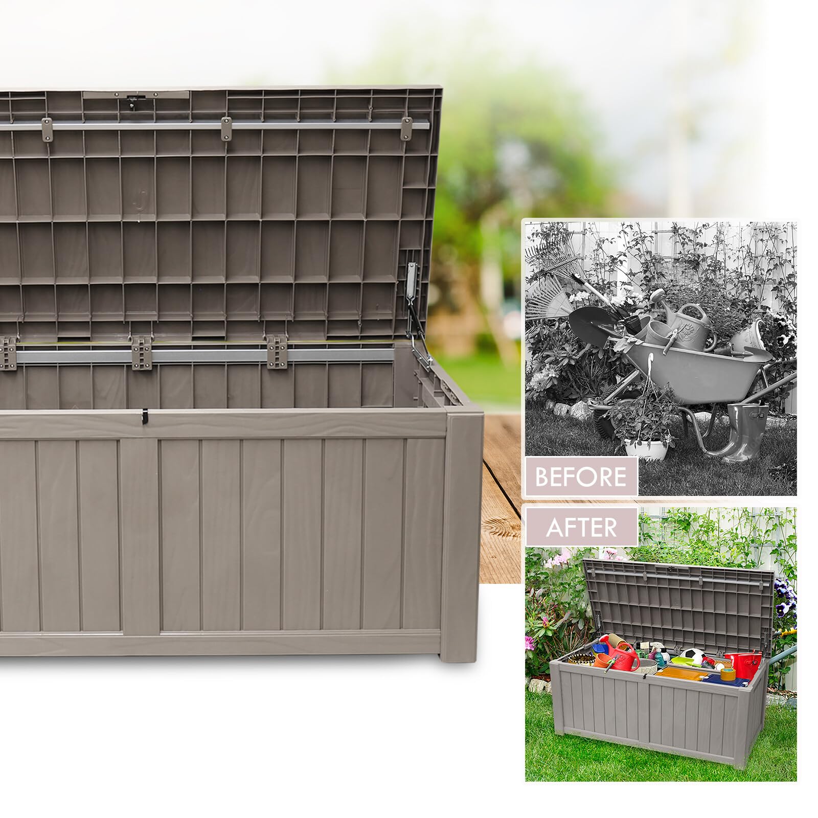 120 Gallon Outdoor Storage Box - Waterproof Resin Deck Box with Lock | Large Patio Storage Container for Furniture, Cushions, Garden Tools & Pool Supplies | Durable Taupe Deck Box for Backyard, Poolside & Garage Organization