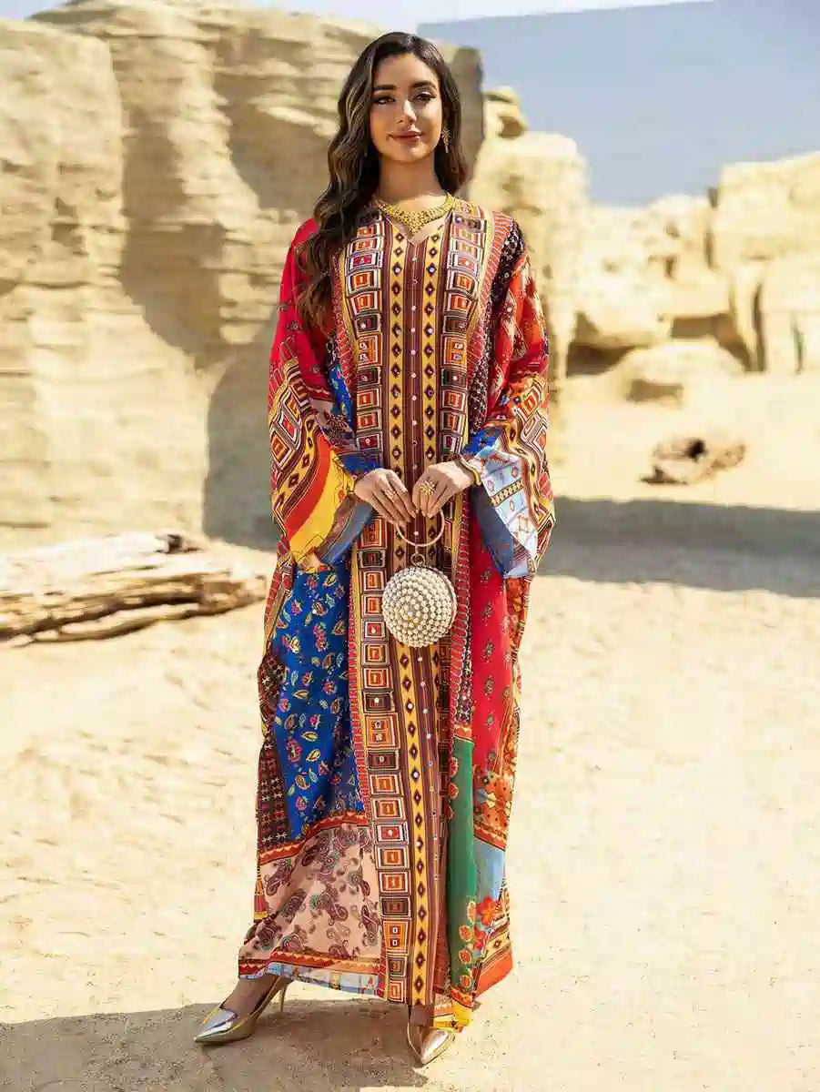 Hotfix Rhinestone Chiffon Printed Caftan Kaftan Dress - Elegant Party Wear for Eid, Wedding, Bridal Shower & Special Occasions | Style #25466