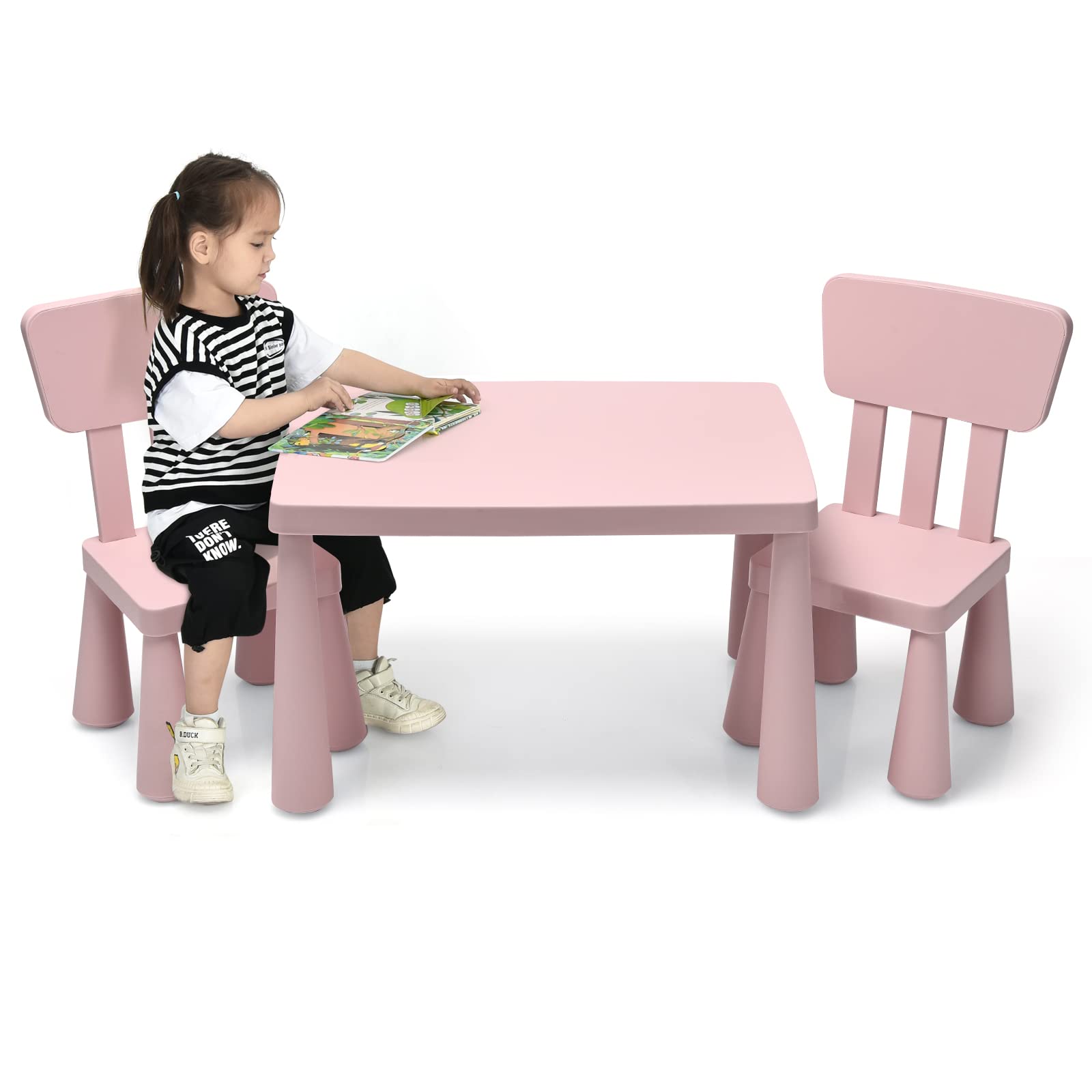 COSTWAY 3-Piece Kids Table and Chairs Set - Lightweight Plastic Children's Activity Table for Reading, Writing, Drawing & Snacks | Study Desk & Chair Set for Toddlers Ages 1-7 | Perfect for Preschool, Daycare & Home Playroom (Pink)