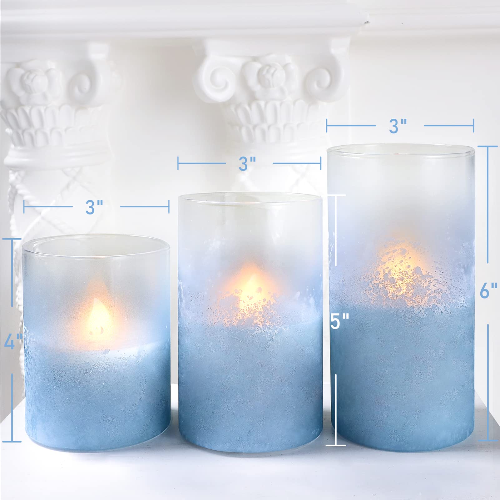 Blue Glass Flameless LED Candles with Sandblast Design - Battery Operated with Remote & Timer - Perfect for Coastal, Birthday, Home, Bathroom, Nautical & Beach Decor - Romantic Ambiance for Weddings, Dinners & Relaxing Baths