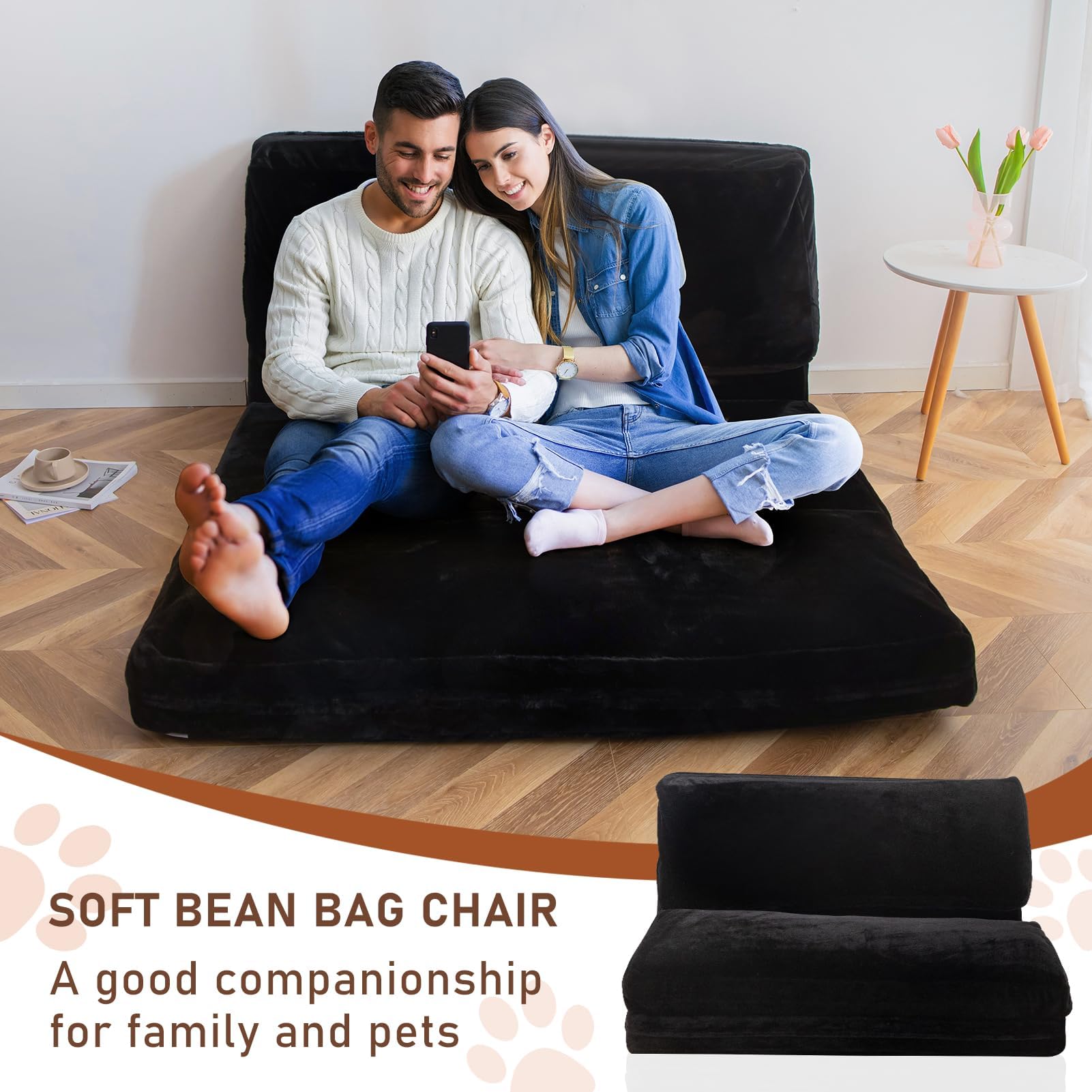 MAXYOYO Extra Thick Faux Fur Bean Bag Bed - Foldable Floor Sofa & Full Size Mattress for Adults (54x95 Inch, Black) | Washable Cover | Perfect for Living Room Lounging, Guest Bed & Dorm Room Comfort