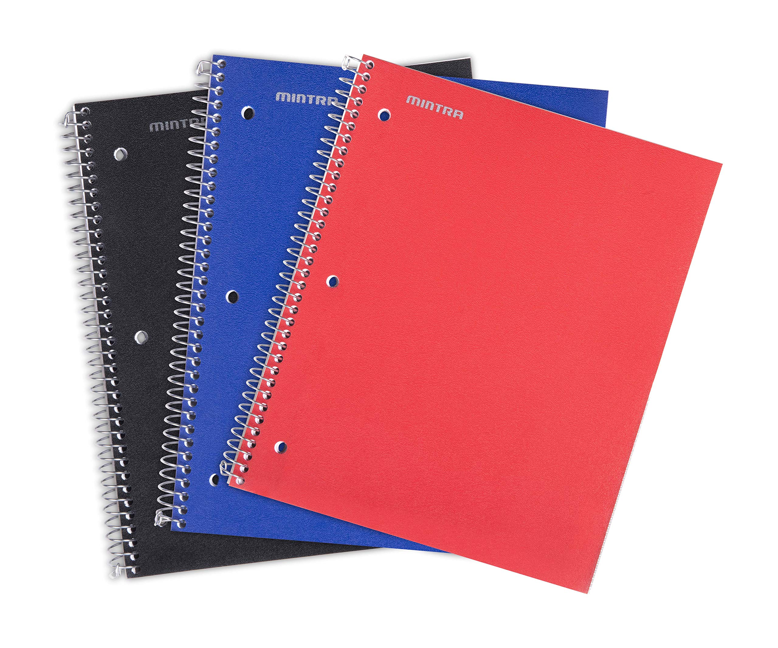 Mintra 3-Pack Durable Spiral Notebooks - 1 Subject, 100 Sheets, College Ruled, Moisture Resistant Cover with Poly Pocket (Black/Blue/Red) - Perfect for School, Office & Business Note-Taking, Journaling & Project Planning